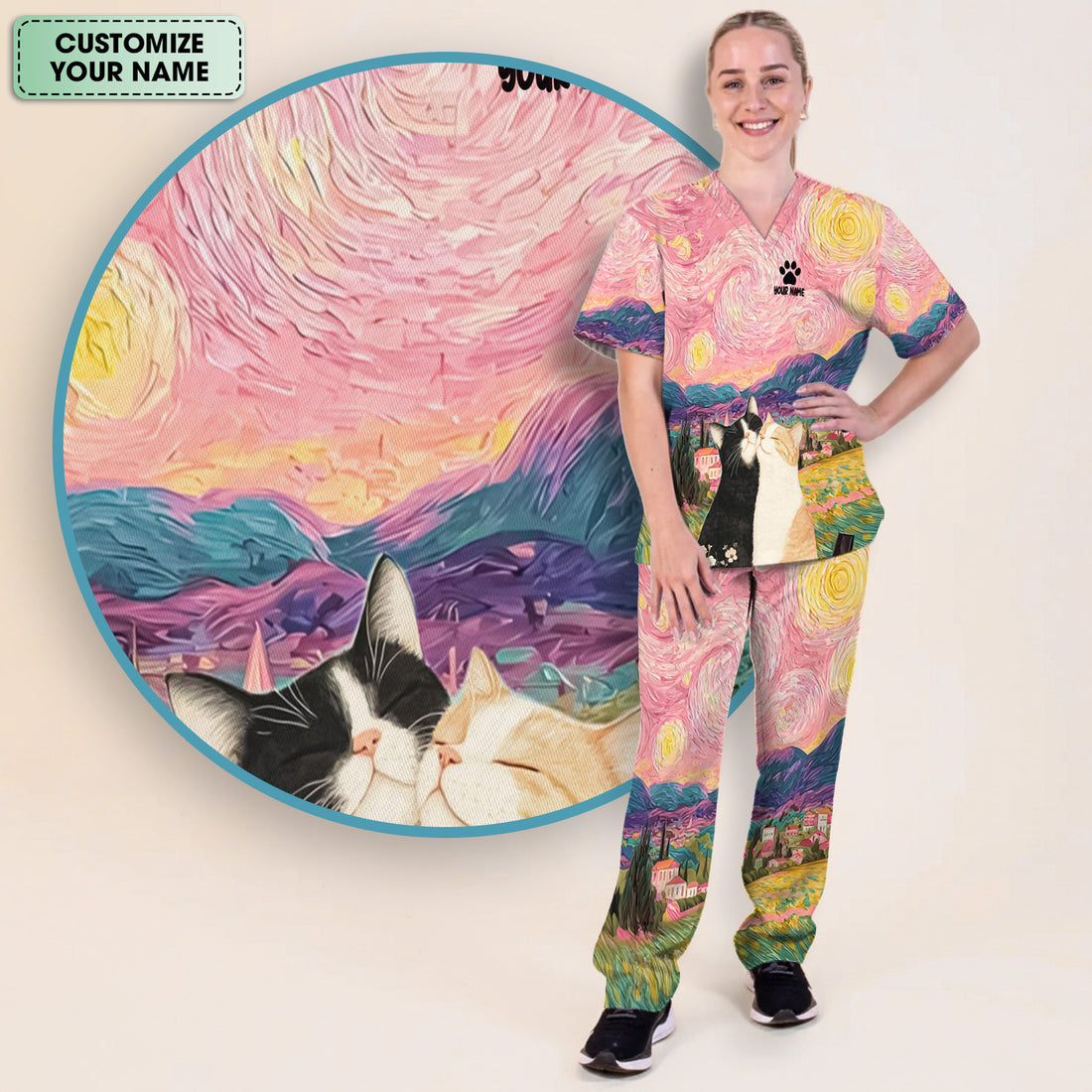 Personalized Cat Couple Sunset Swirl Sky Landscape Pattern Scrub Set, Scrub Pants and V Neck Top