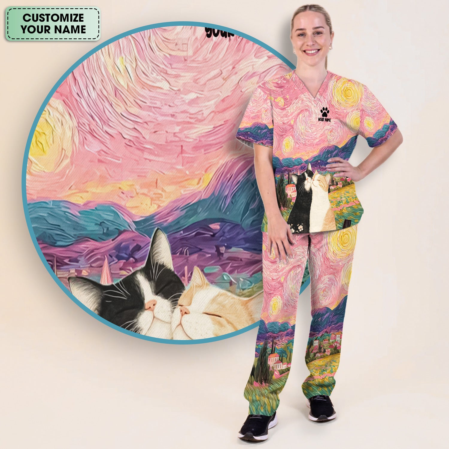 Personalized Cat Couple Sunset Swirl Sky Landscape Pattern Scrub Set, Scrub Pants and V Neck Top