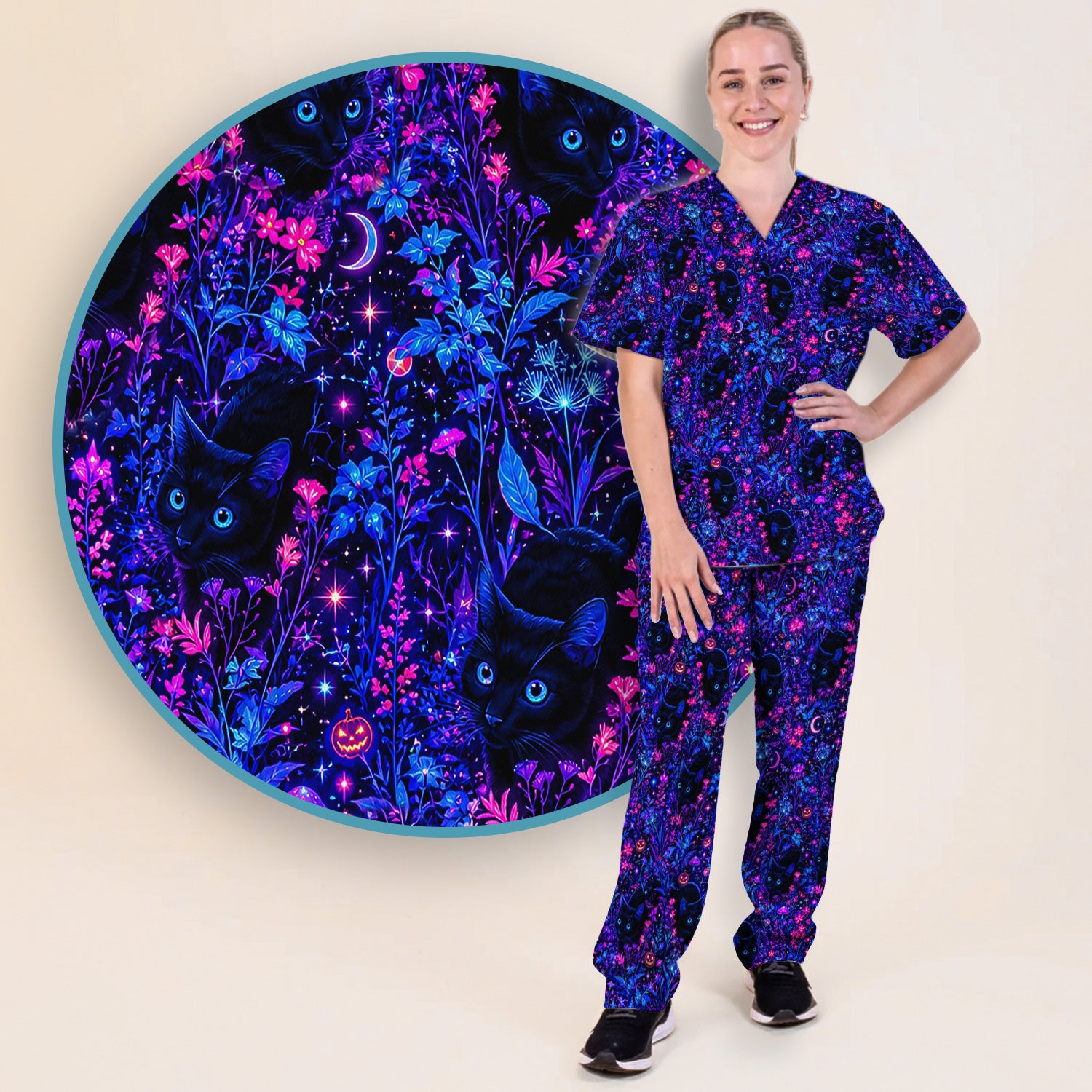 Spooky Black Cat Garden Pattern Scrub Set, Scrub Pants and V Neck Top
