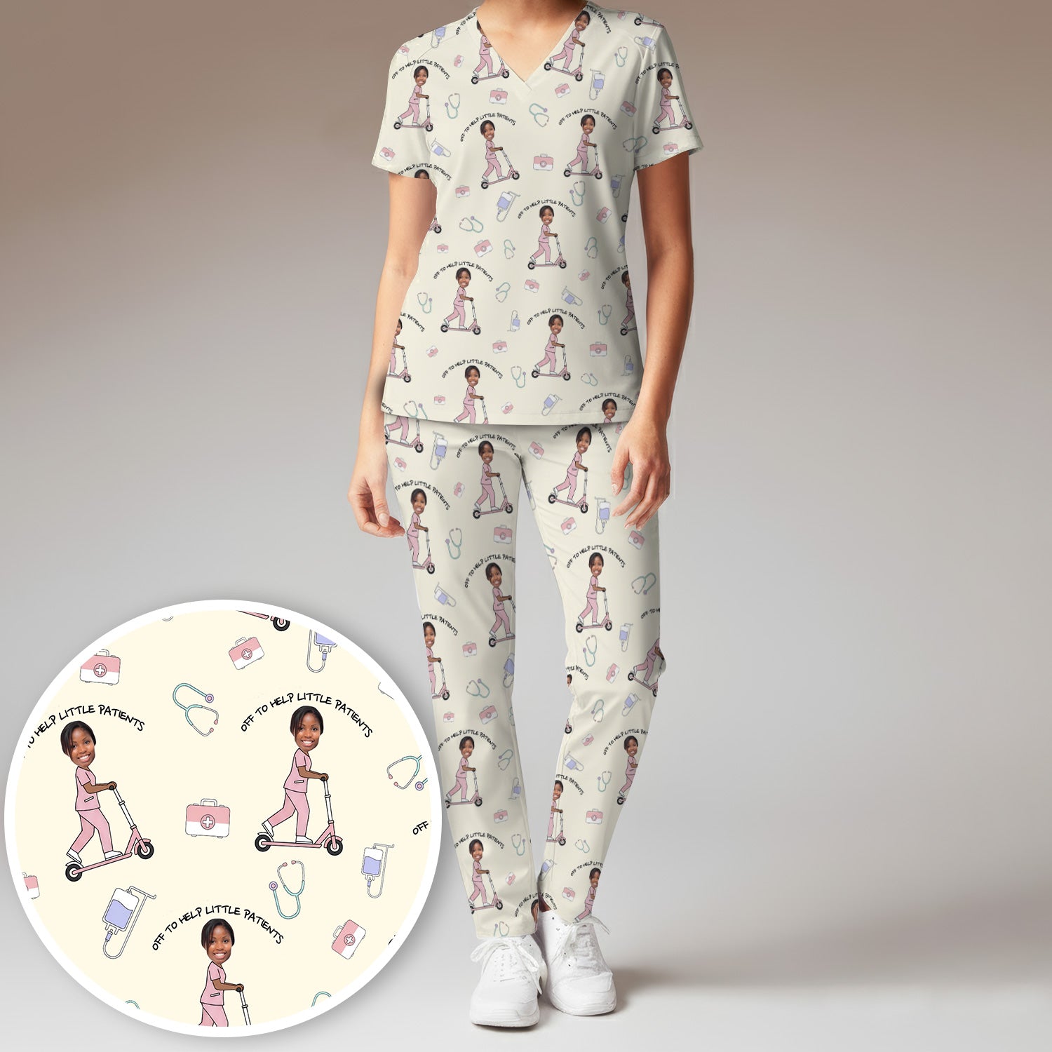 Custom Face Pediatric Nurse Scooter Pattern Scrub Set, Scrub Pants and V Neck Top