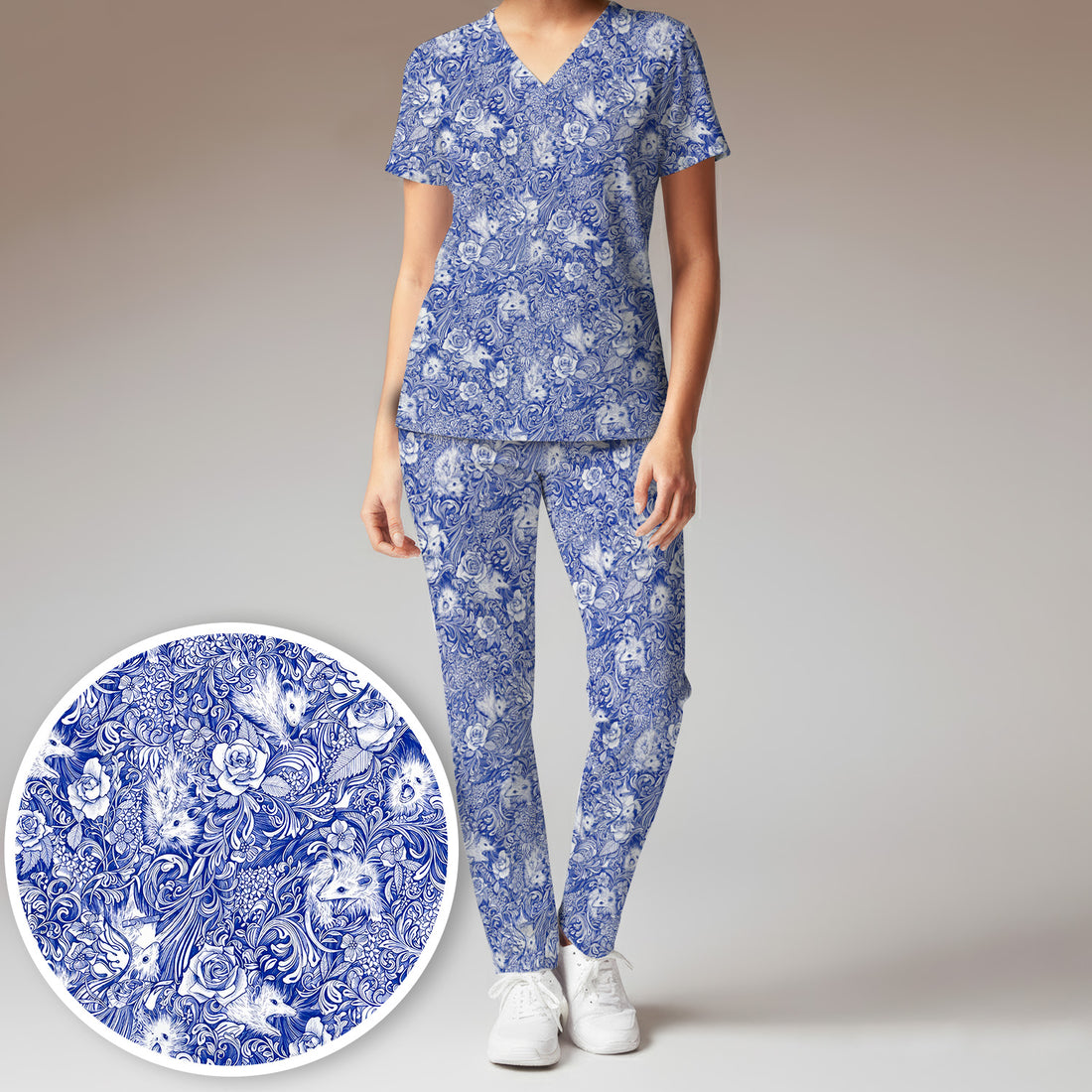 Blue Toile Opossum Floral Pattern Scrub Set, Scrub Pants and V Neck Top