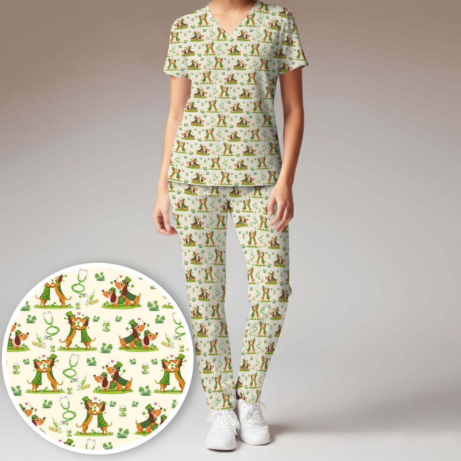 Valentine Cute Dachshund Nurse Set, Dog Heart Pattern, Breathable Nursing Uniform