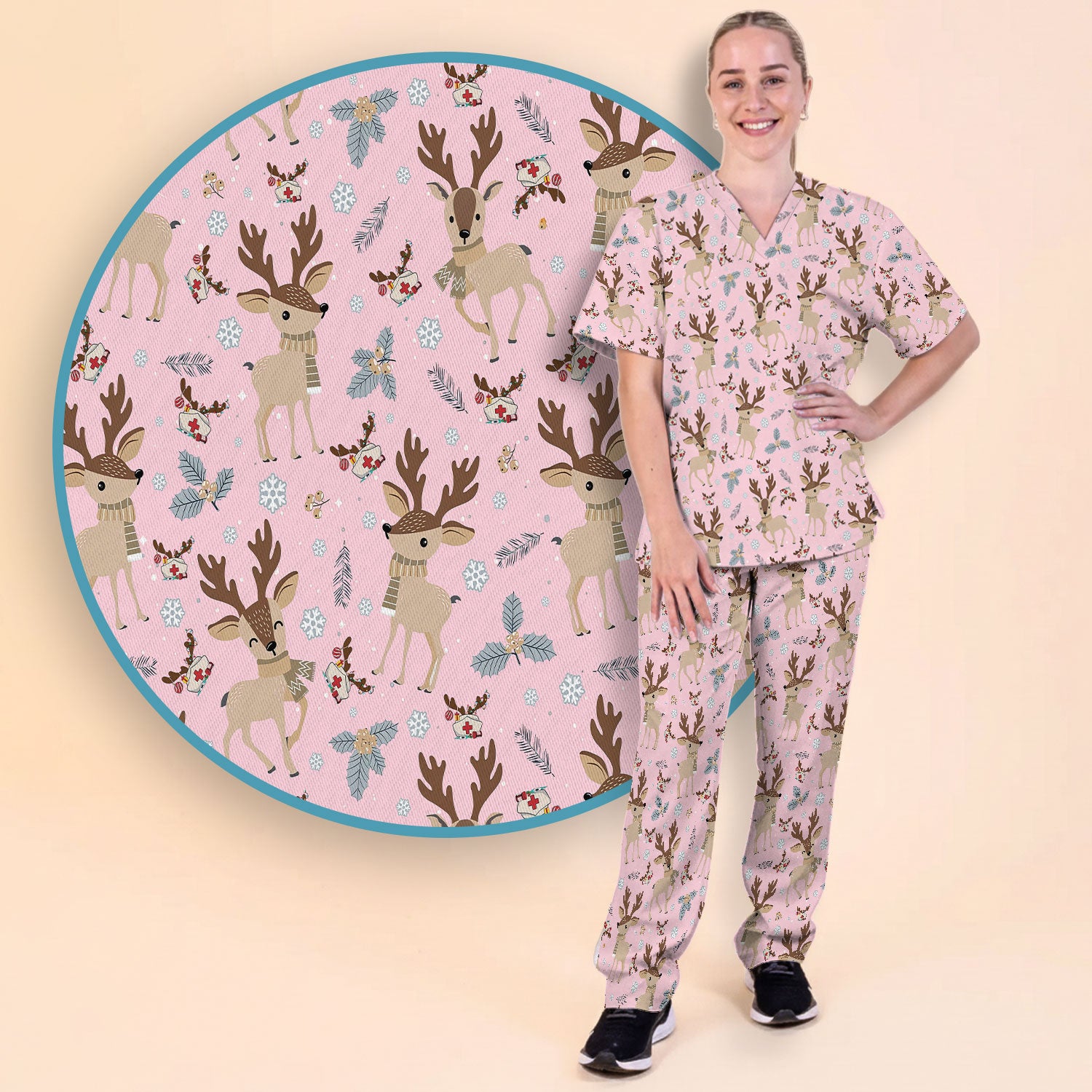 Reindeer Christmas Scrub Set - Cozy Beige Holiday Nurse Shirt with Cute Deer Pattern - Festive Medical Scrubs Pants and V Neck Top