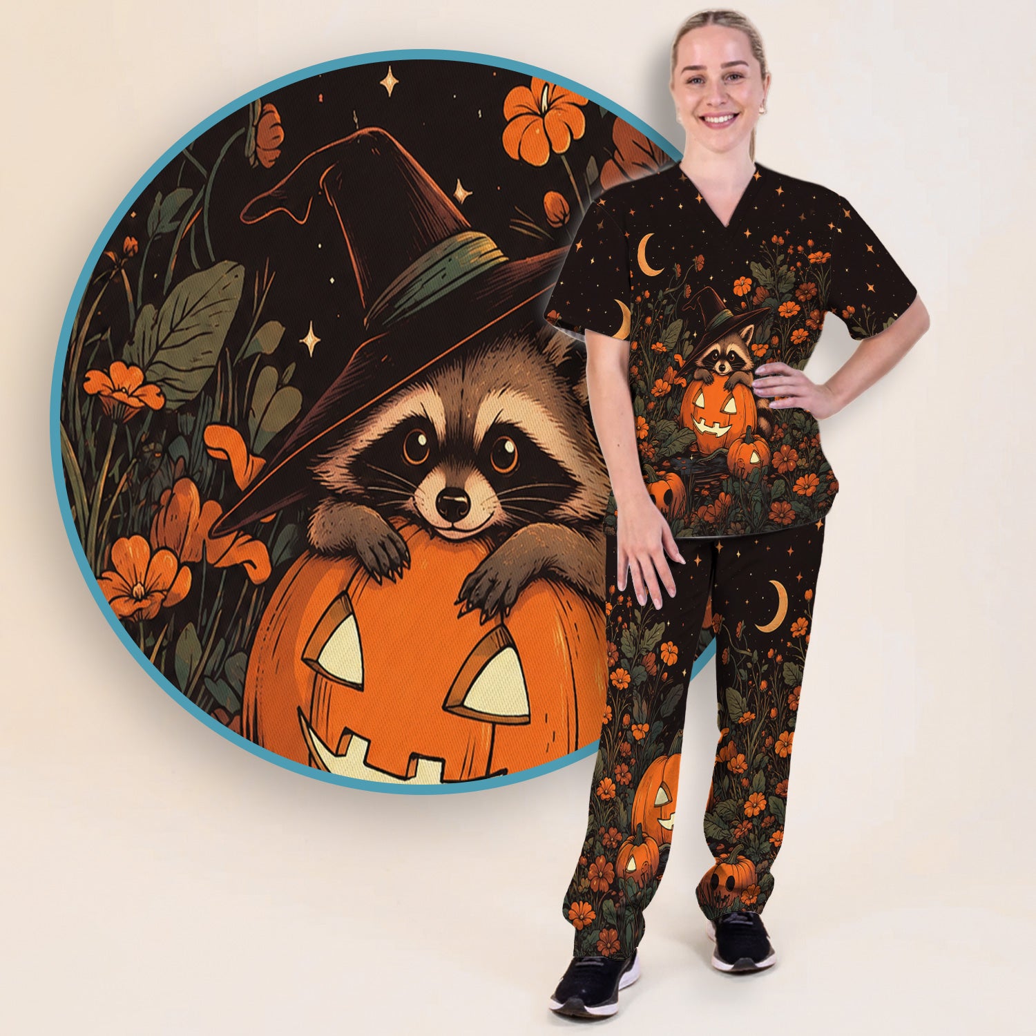 Spooky Halloween Raccoon Print Scrub Set, Scrub Pants and V Neck Top