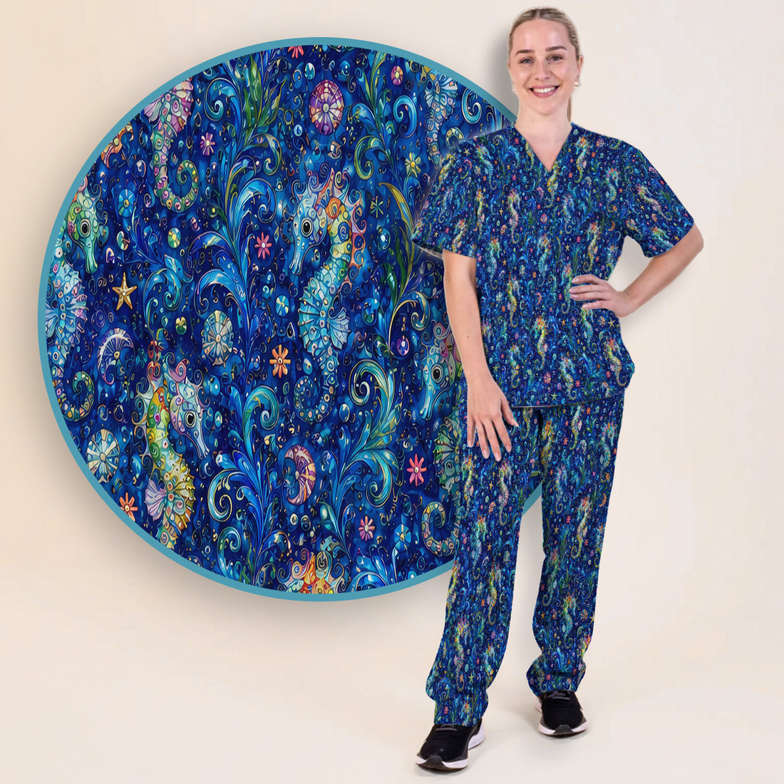 Vibrant Seahorse Ocean Swirl Pattern Scrub Set, Scrub Pants and V Neck Top