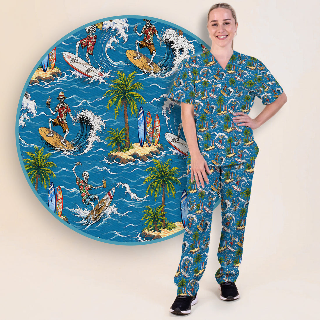 Spooky Tropical Skeleton Surfer Pattern Scrub Set, Scrub Pants and V Neck Top