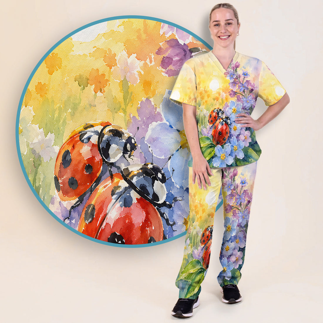 Ladybug Spring Flower Garden Print Scrub Set, Scrub Pants and V Neck Top