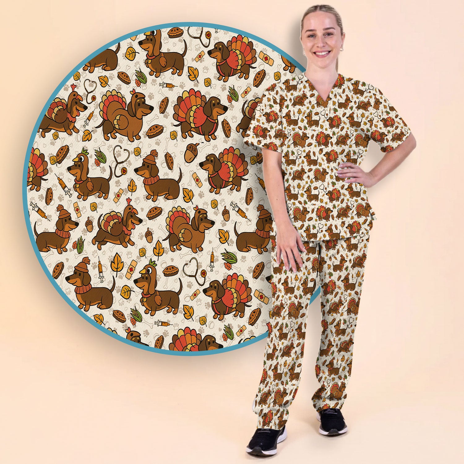 Thanksgiving Wiener Dog Scrub Set - Funny Dachshund Turkey Scrubs Pants and V Neck Top - Fall Winter Gift for Women