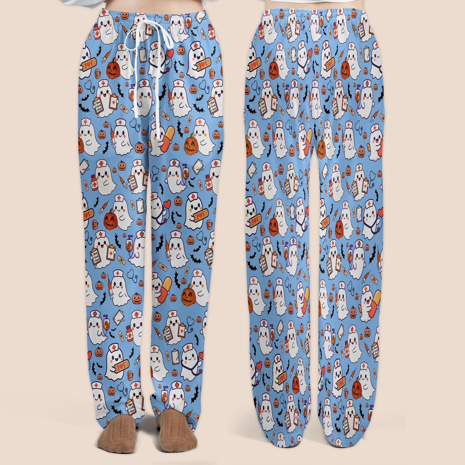 Halloween Women's Scrub Sets - Comfortable Scrubs for Nurses - Pumpkin Ghost Scrub Pants and V Neck Top - Breathable Med Uniform