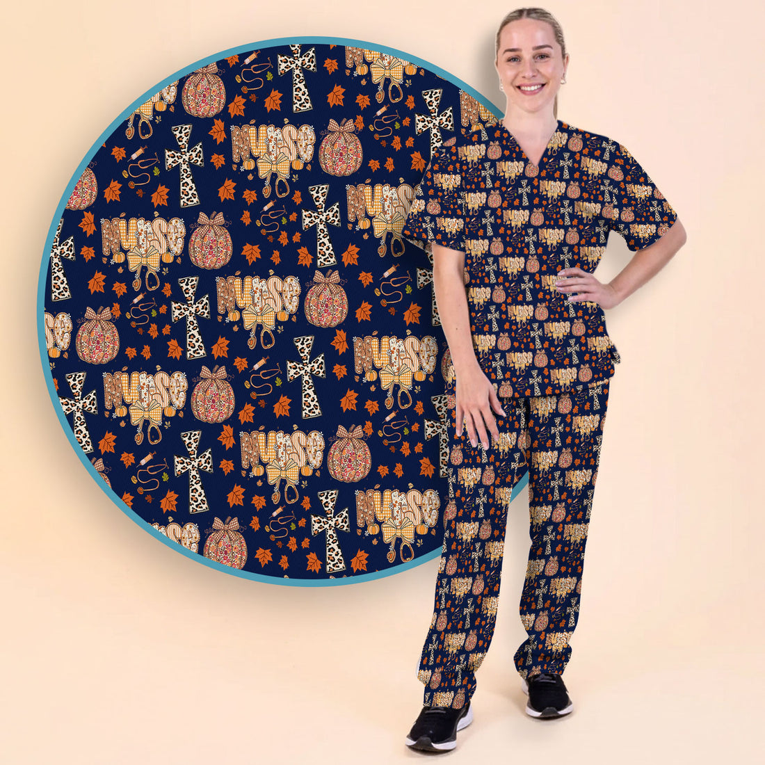 Floral Pumpkin Scrub Set for Women - Coquette Bow Thanksgiving Scrubs Pants and V Neck Top - Comfortable Medical Uniform