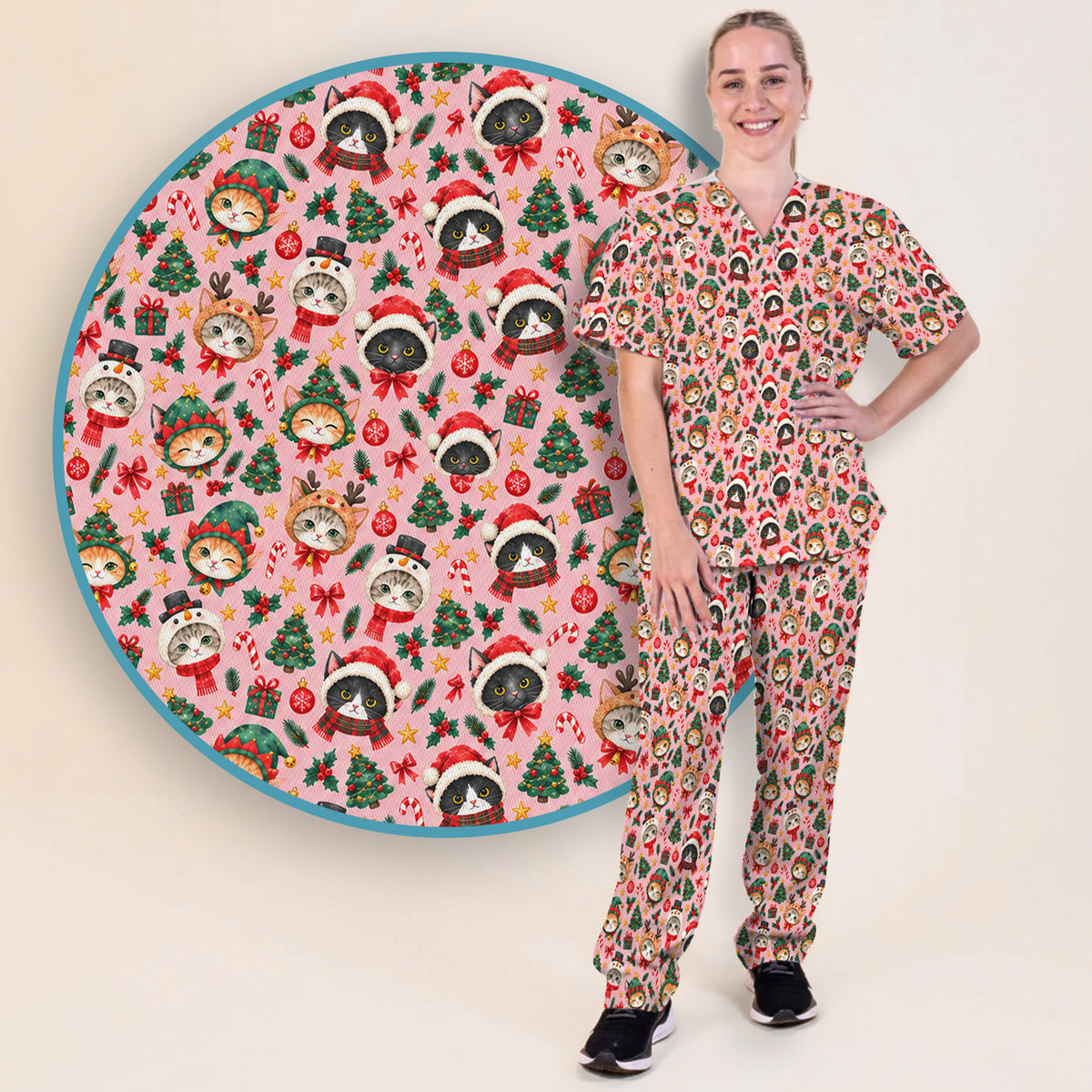 Christmas Cats And Trees Pattern Scrub Set, Scrub Pants and V Neck Top
