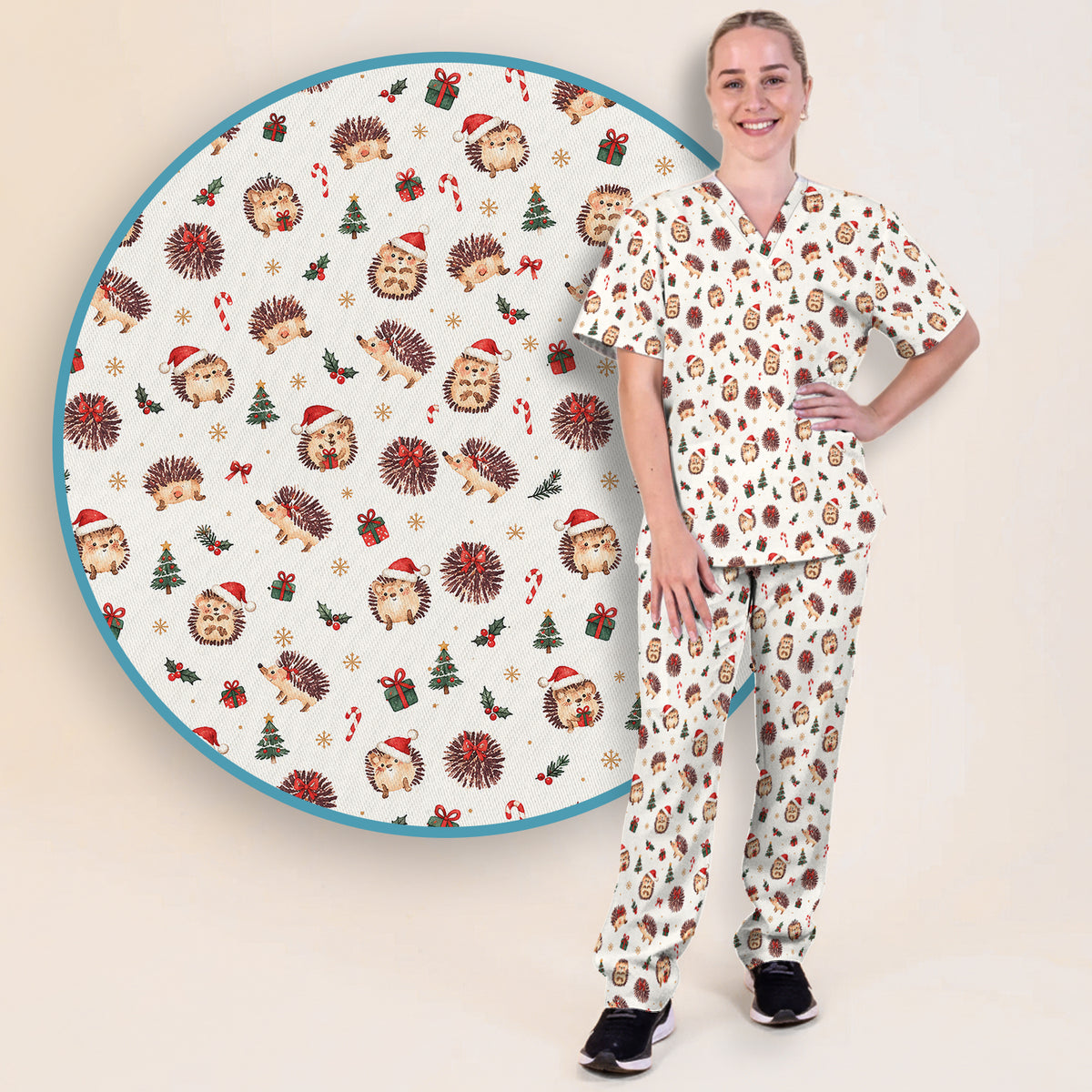 Christmas Hedgehogs And Gifts Scrub Set, Scrub Pants and V Neck Top