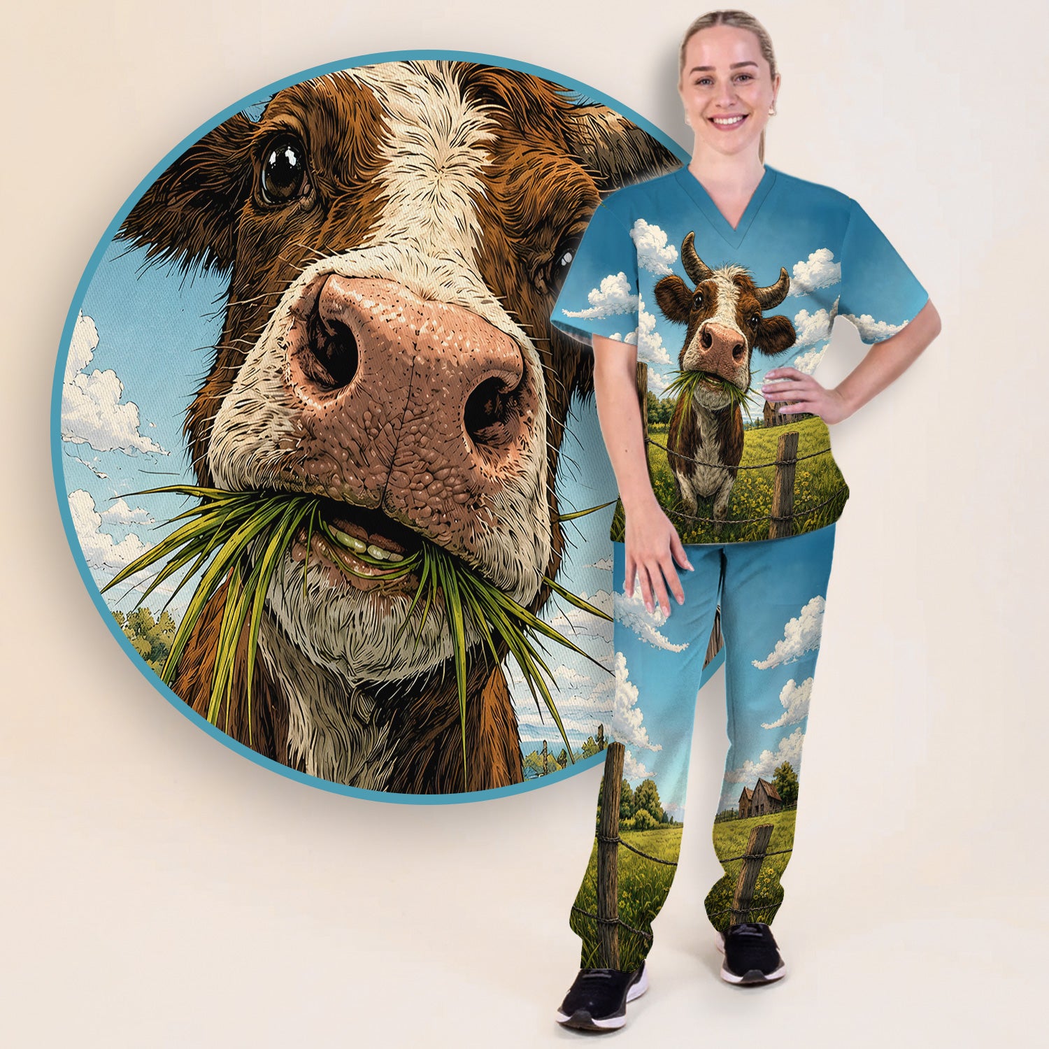 Curious Highland Cow Farm Scene Scrub Set, Scrub Pants and V Neck Top
