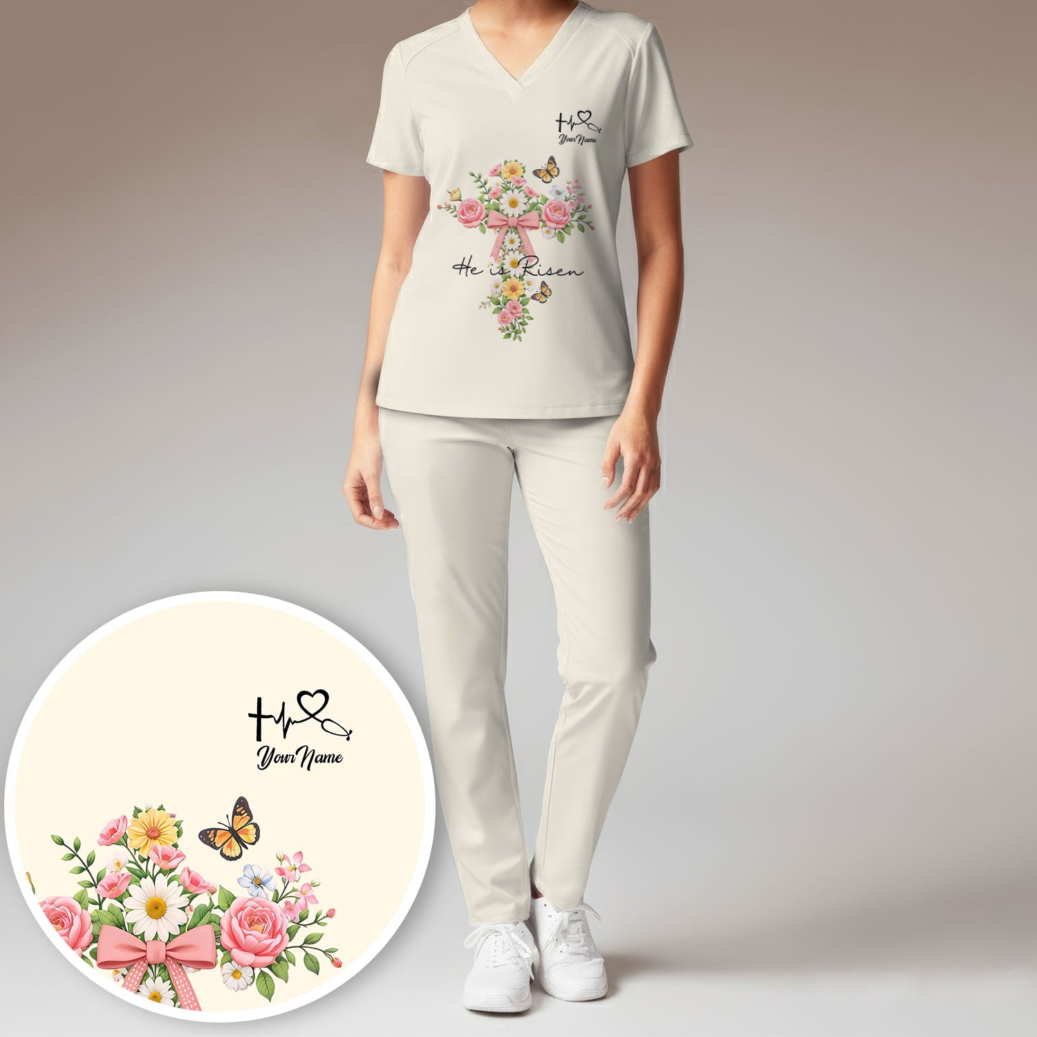Personalized Meaningful Easter Nurse He Is Risen Floral Cross Bow Pattern Scrub Set, Women's Scrub Sets