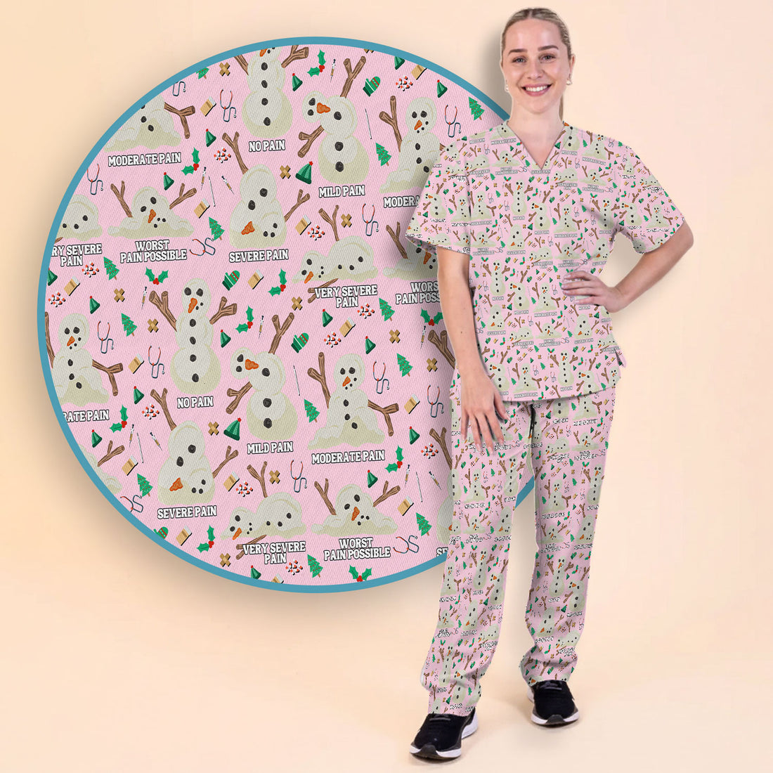Christmas Snowman Nurse Scrub Set for Women - Funny Pain Scale Scrubs Pants - Cute Holiday Nursing Uniform Gift for RN LPN CNA