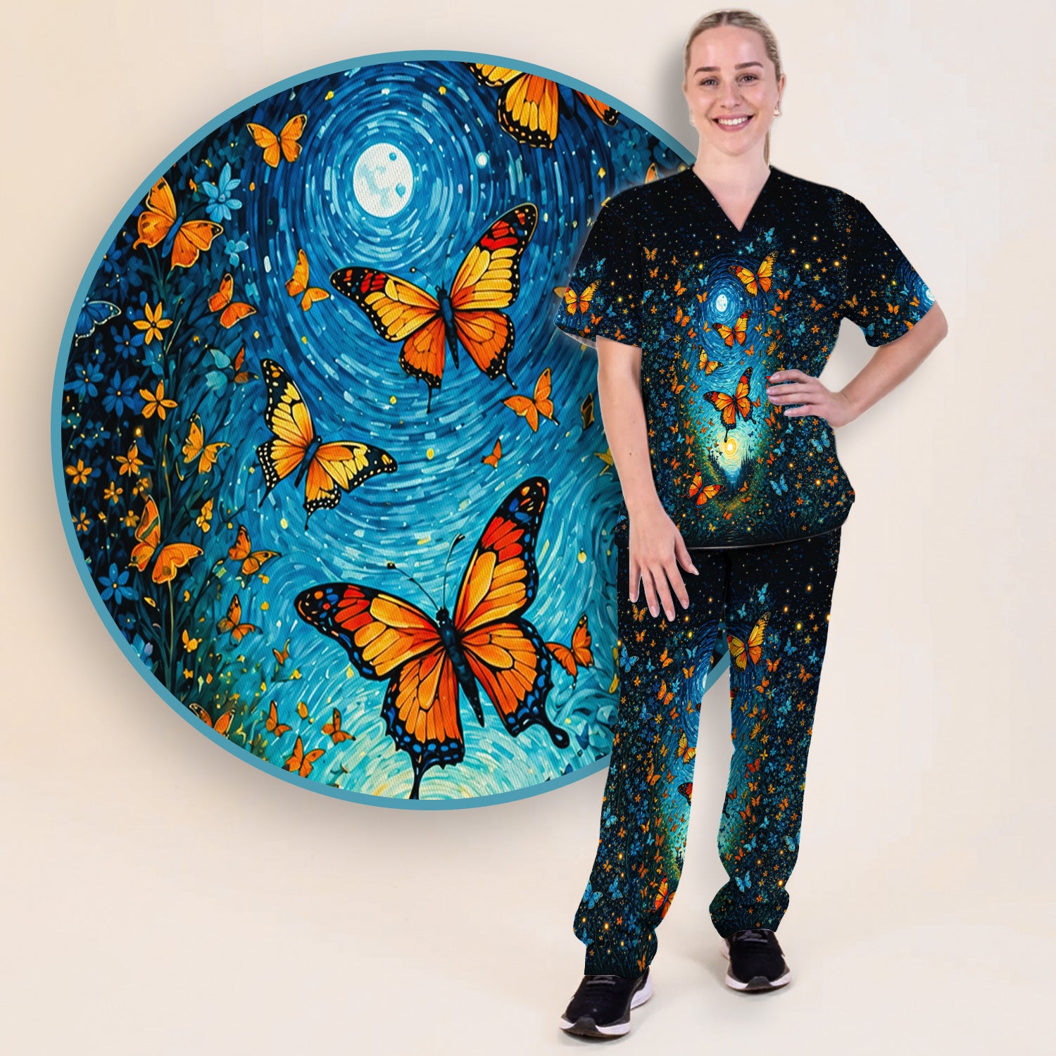 Moonlit Butterfly Nurse Print Scrub Set, Scrub Pants and V Neck Top
