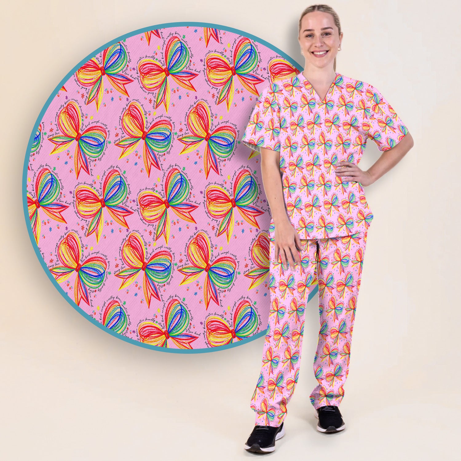 Colorful Rainbow Bow Pattern Scrub Set, Scrub Pants and V Neck Top