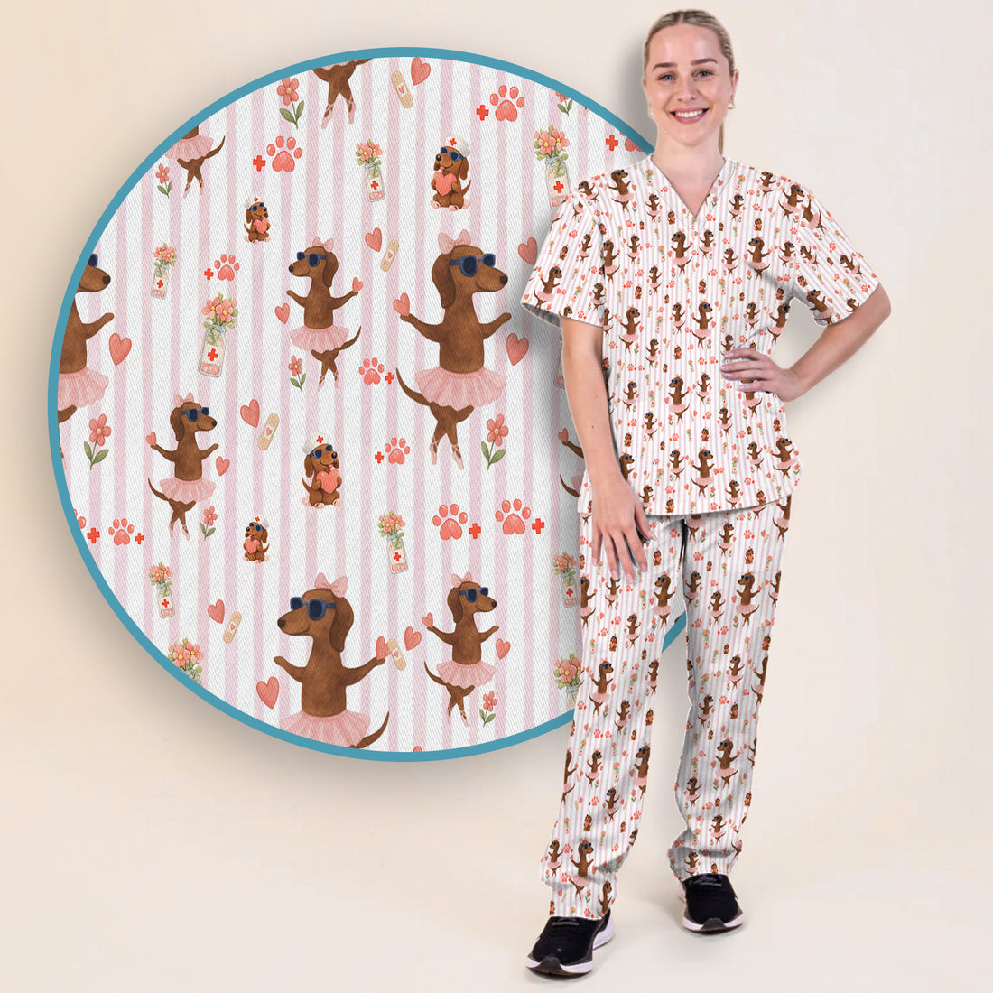 Cute Dachshund Dog Ballet Tutu Hearts Pattern Scrub Set, Scrub Pants and V Neck Top