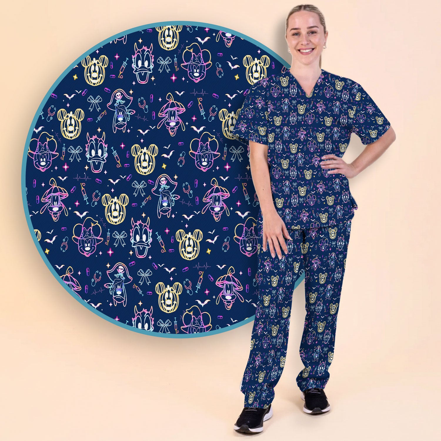 Neon Mouse Halloween Scrub Set for Nurses - Spooky Faces and Scary Pumpkin Scrub Pants and V Neck Shirt - Funny Med Uniform