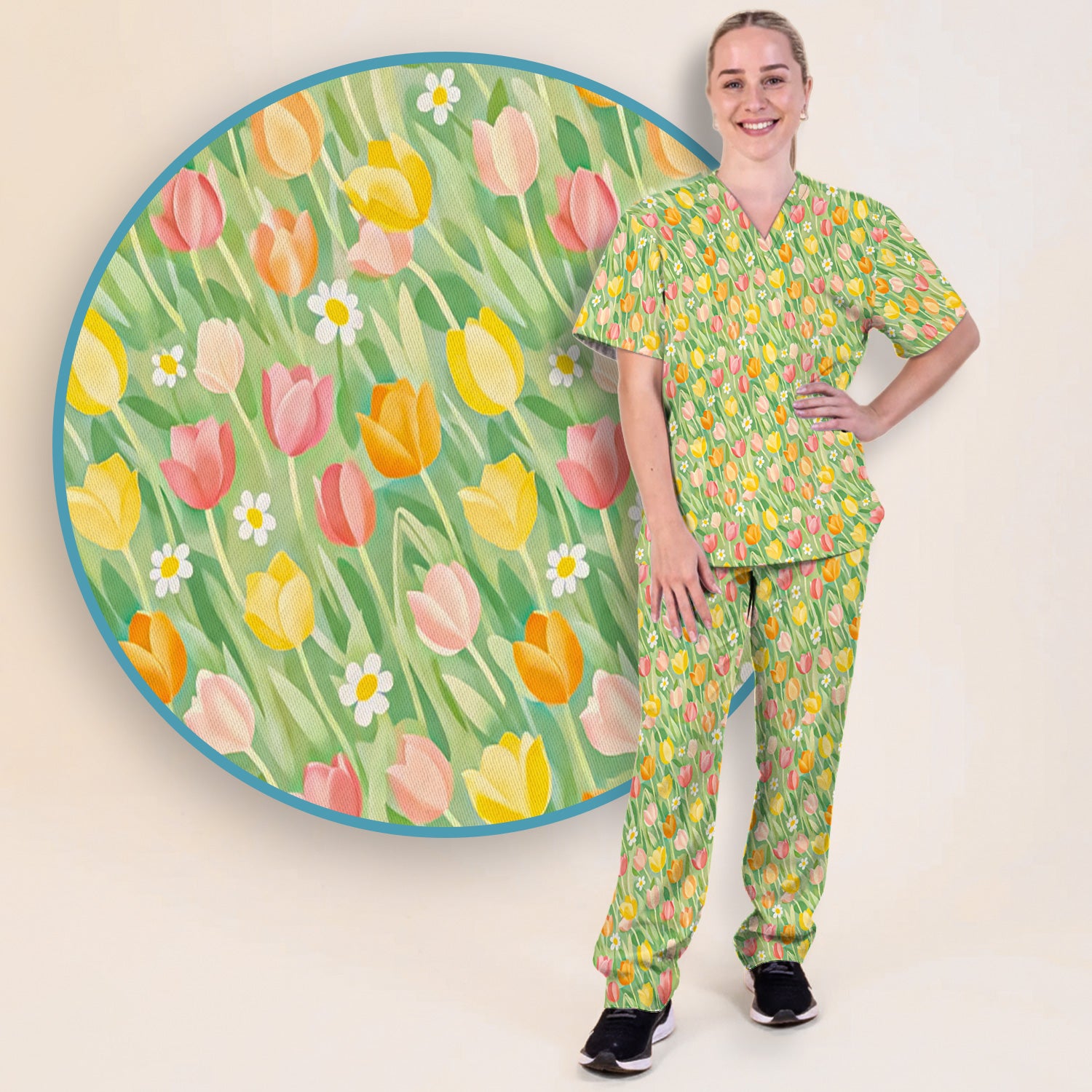 Cheerful Tulip Meadow Print Scrub Set, Women's Scrub Sets