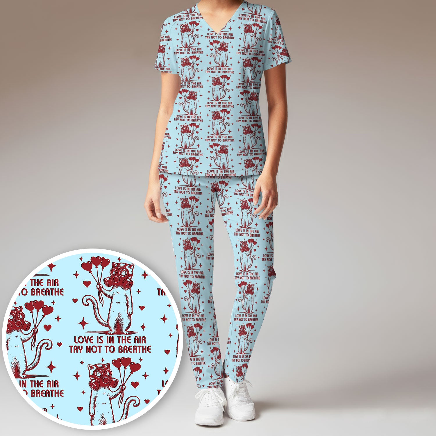 Gas Mask Cat Heart Balloon Valentine Print Scrub Set, Breathable Med Uniform