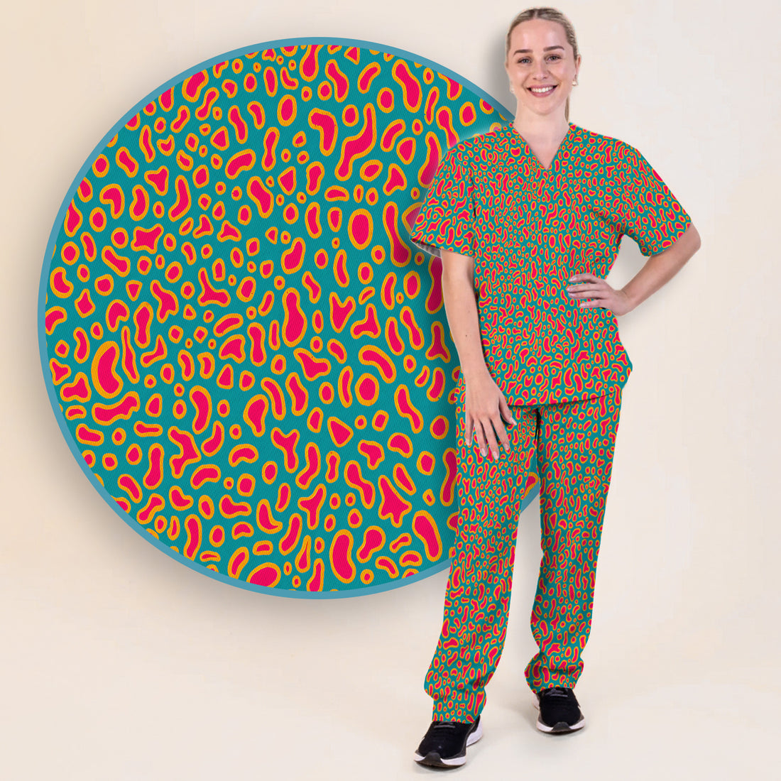 Colorful Abstract Leopard Pattern Print Scrub Set, Scrub Pants and V Neck Top