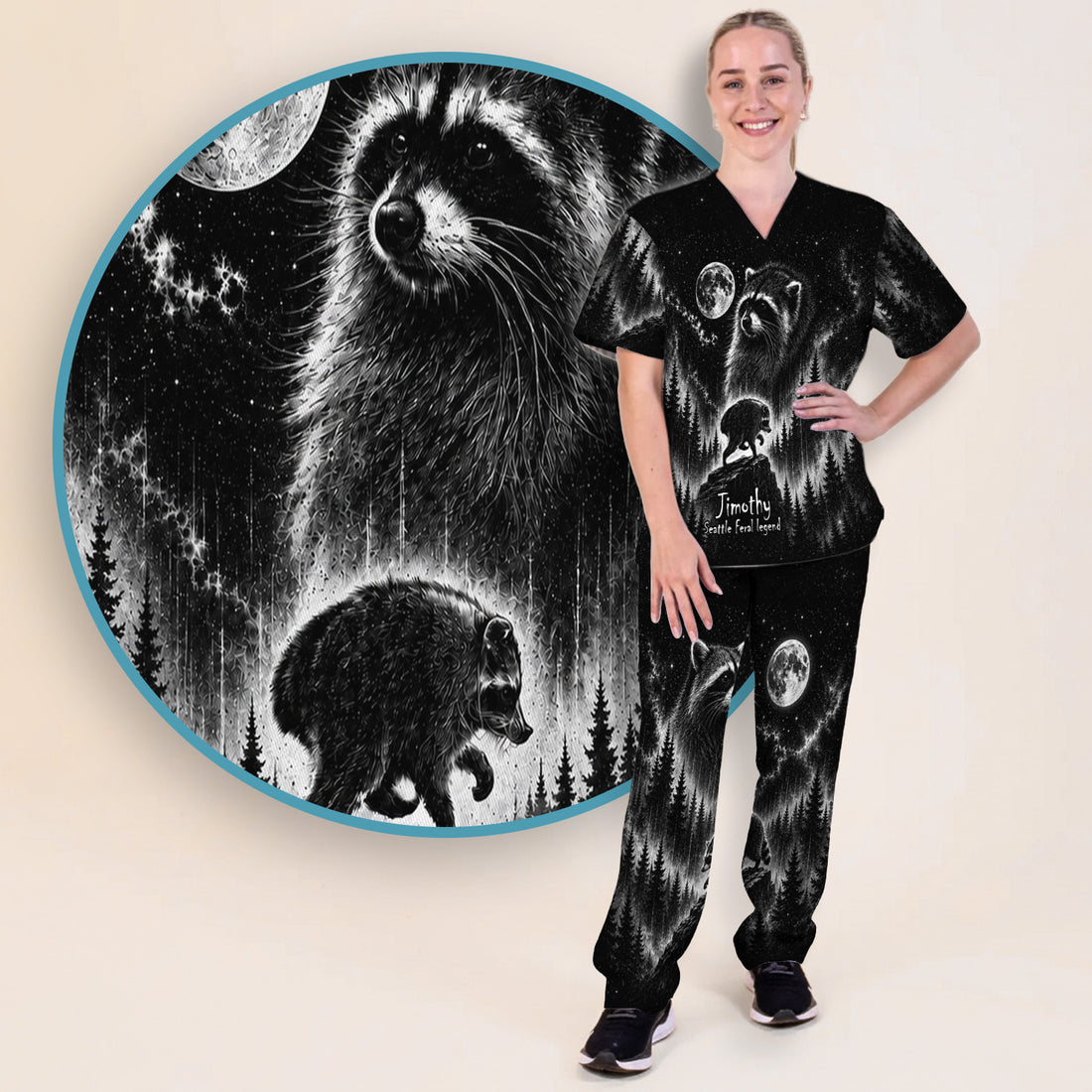 Moonlit Raccoon Forest Print Scrub Set, Scrub Pants and V Neck Top