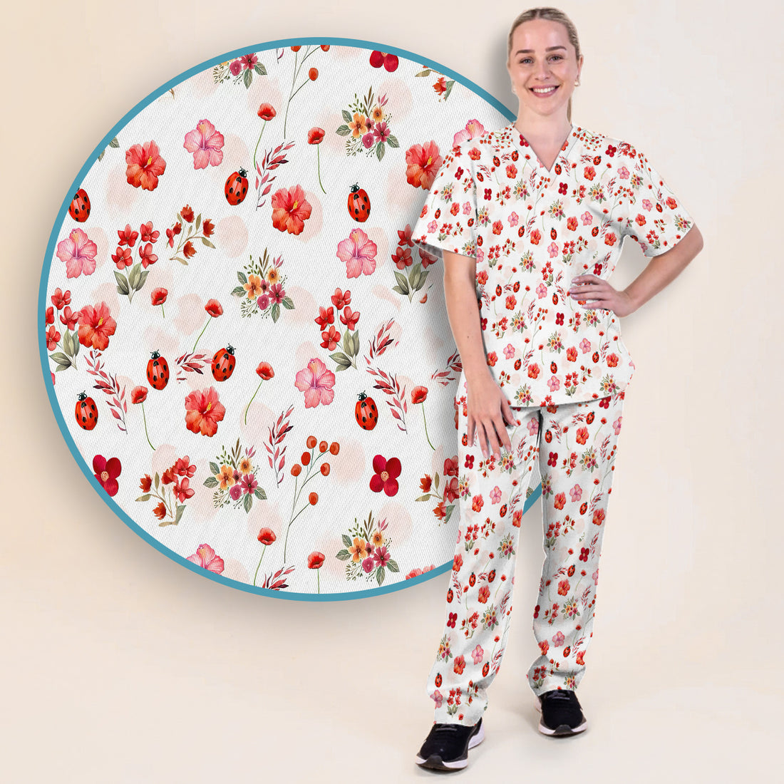Red Ladybug Floral Garden Pattern Scrub Set, Scrub Pants and V Neck Top