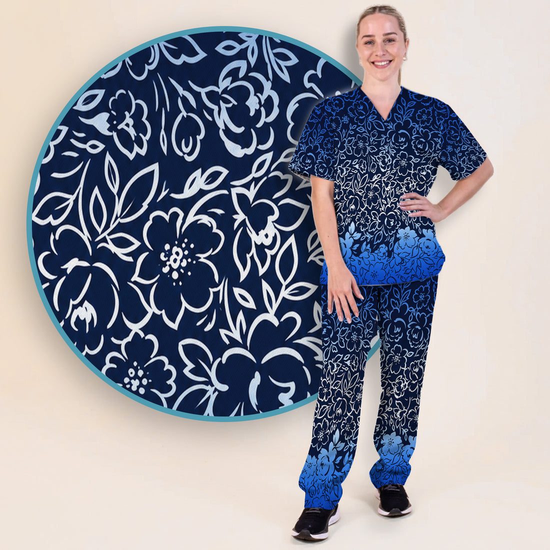 Navy Botanical Flower Print Scrub Set, Scrub Pants and V Neck Top