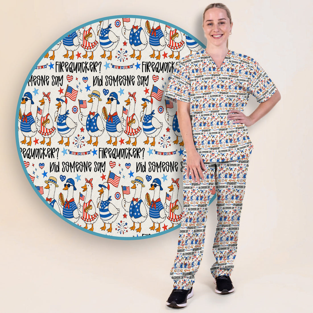 Funny Patriotic Goose Pattern Scrub Set, Scrub Pants and V Neck Top