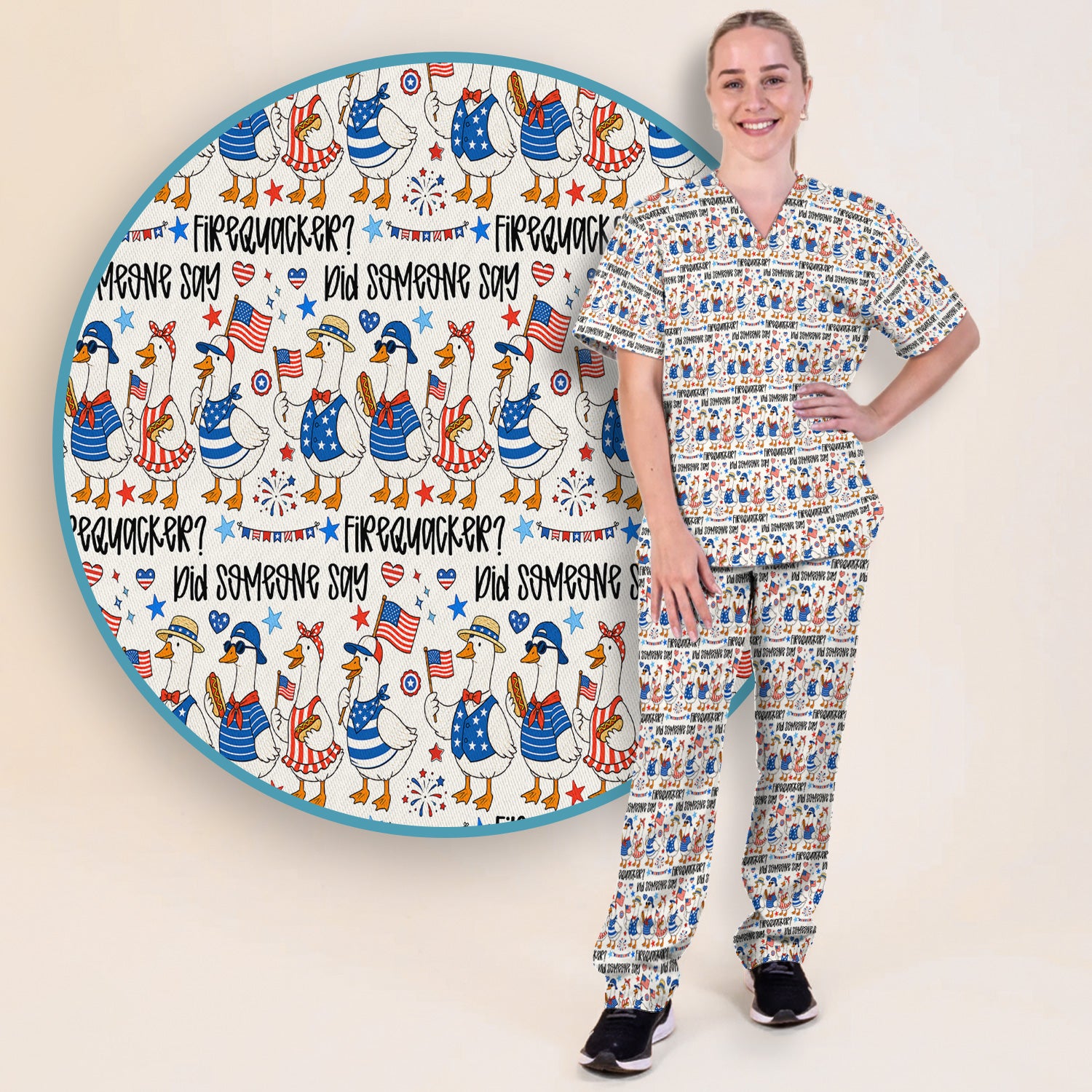 Funny Patriotic Goose Pattern Scrub Set, Scrub Pants and V Neck Top