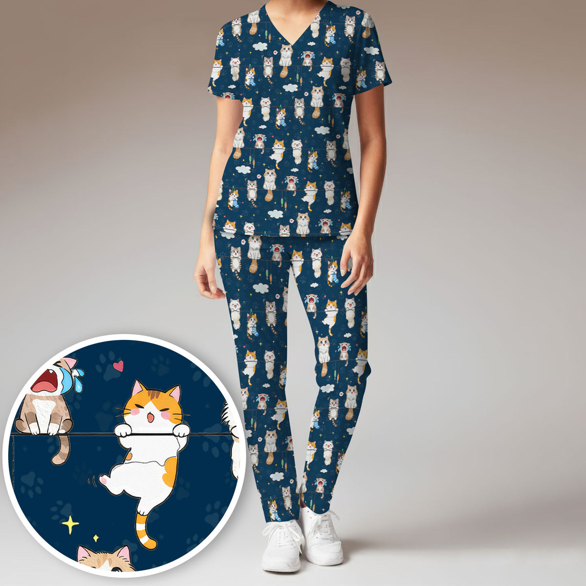 Funny Cats With Cute Expressions Pattern Scrubs Sets, Scrub Pants and V Neck Top