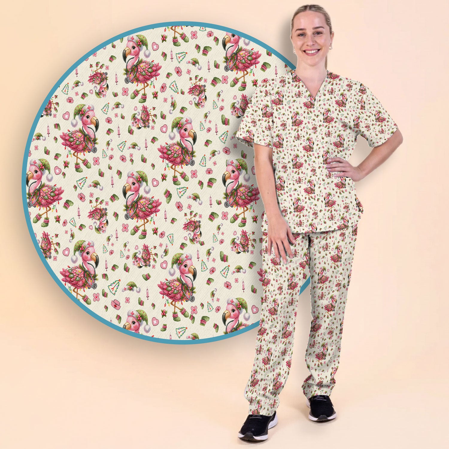 Pink Flamingo Christmas Scrub Set - Cute Flamingo Scrubs Pants and V Neck Top - Fun Christmas Medical Uniform