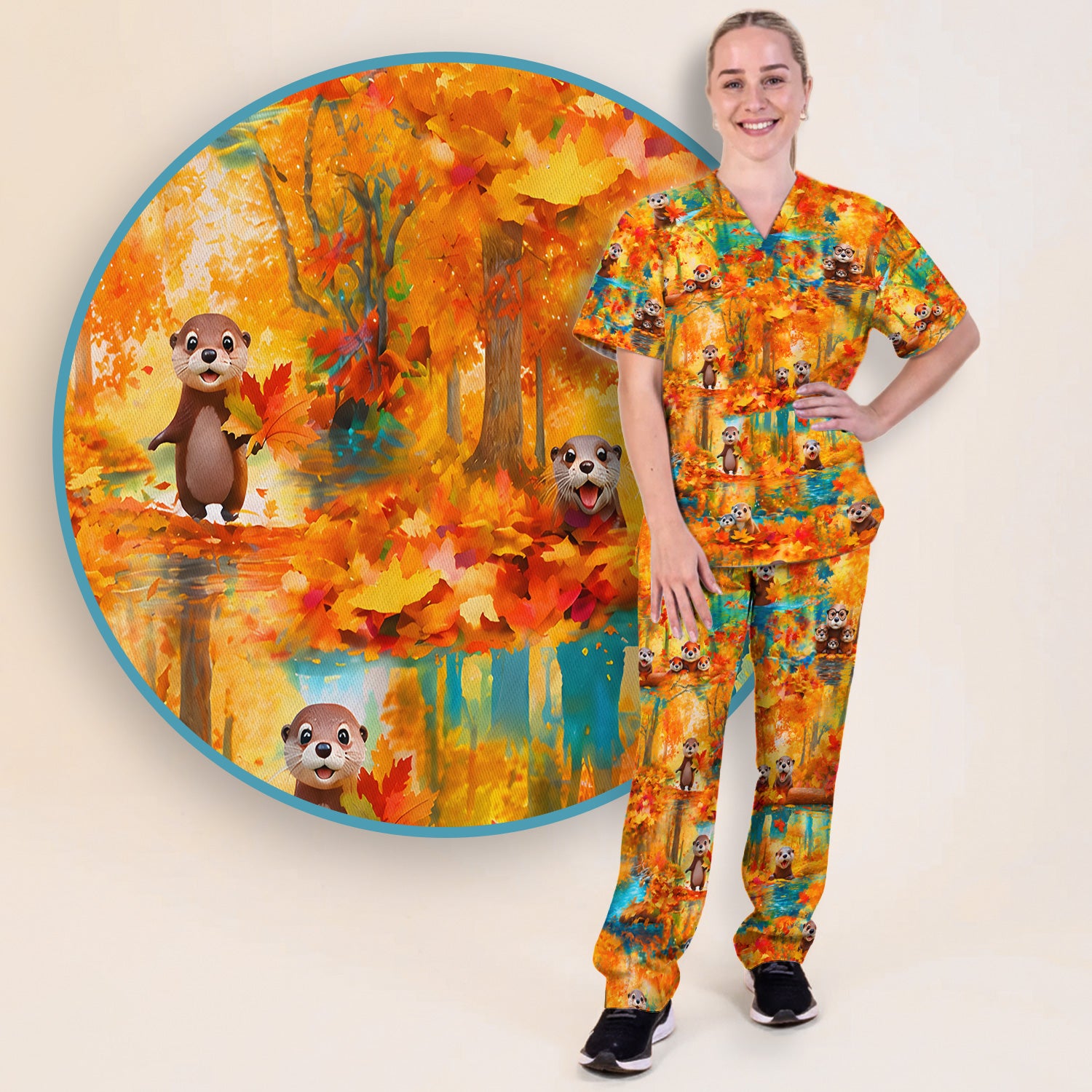 Cute Autumn Otter Leaf Forest Pattern Scrub Set, Scrub Pants and V Neck Top
