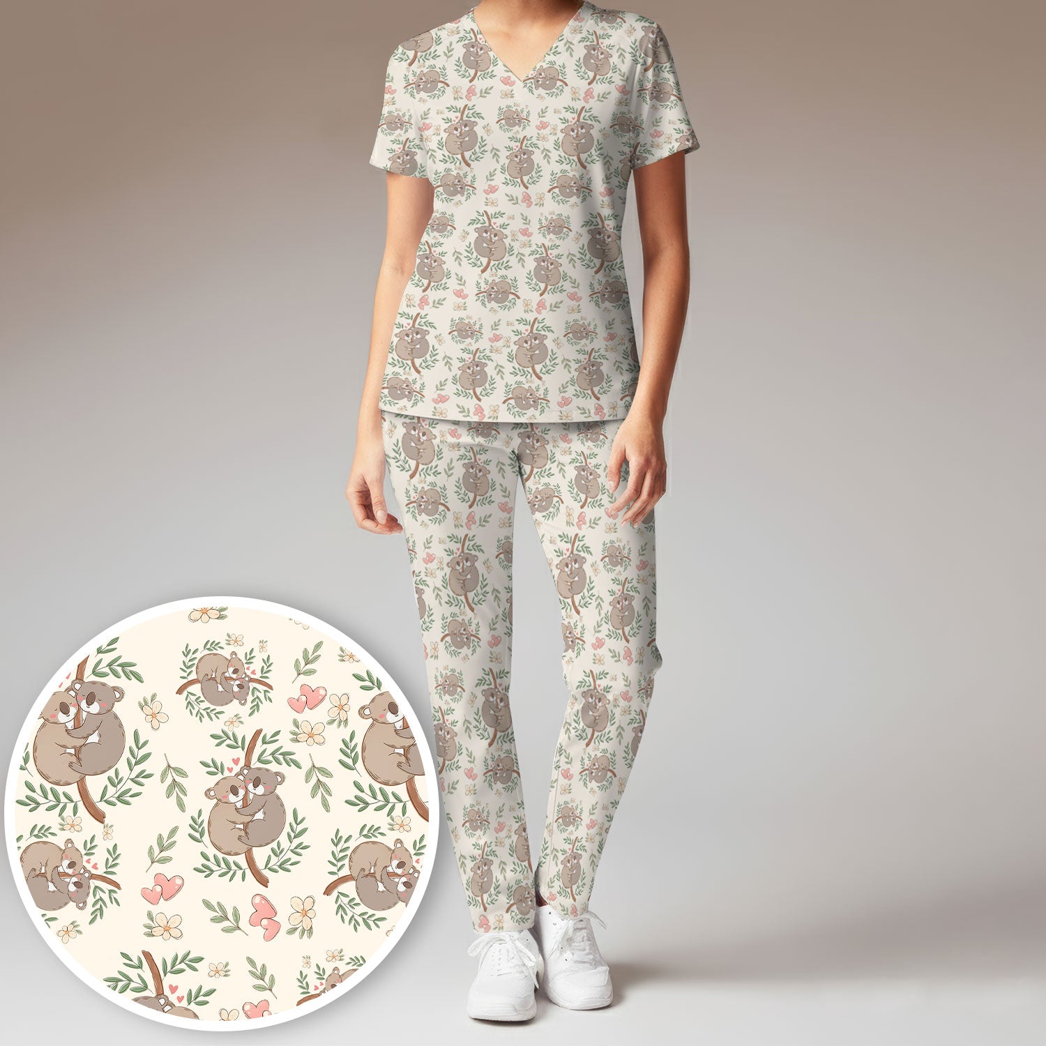 Cute Koala Couple Floral Medical Print Scrub Set, Women's Scrub Sets