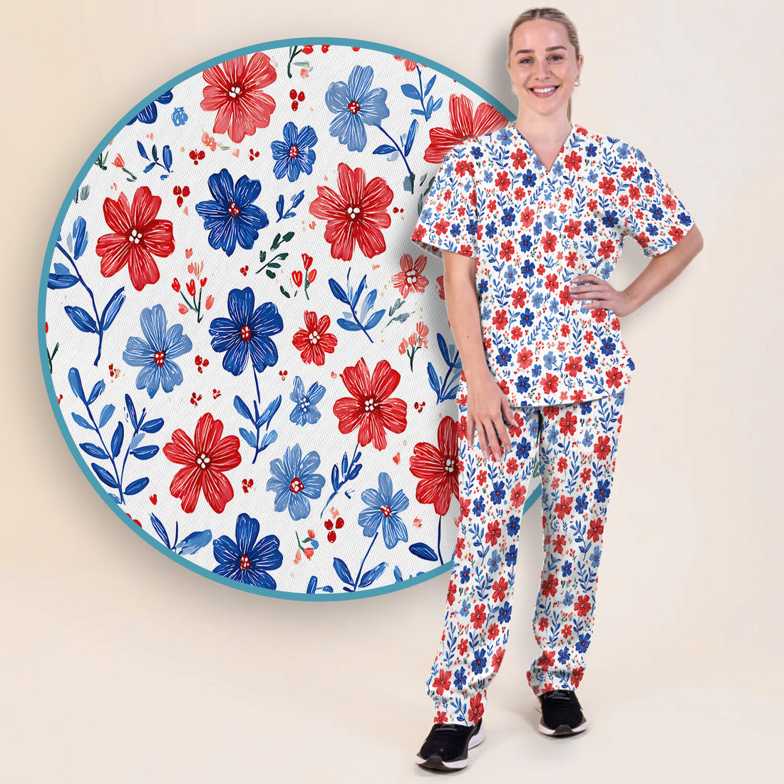 Patriotic Red White Blue Floral Print Scrub Set, Scrub Pants and V Neck Top
