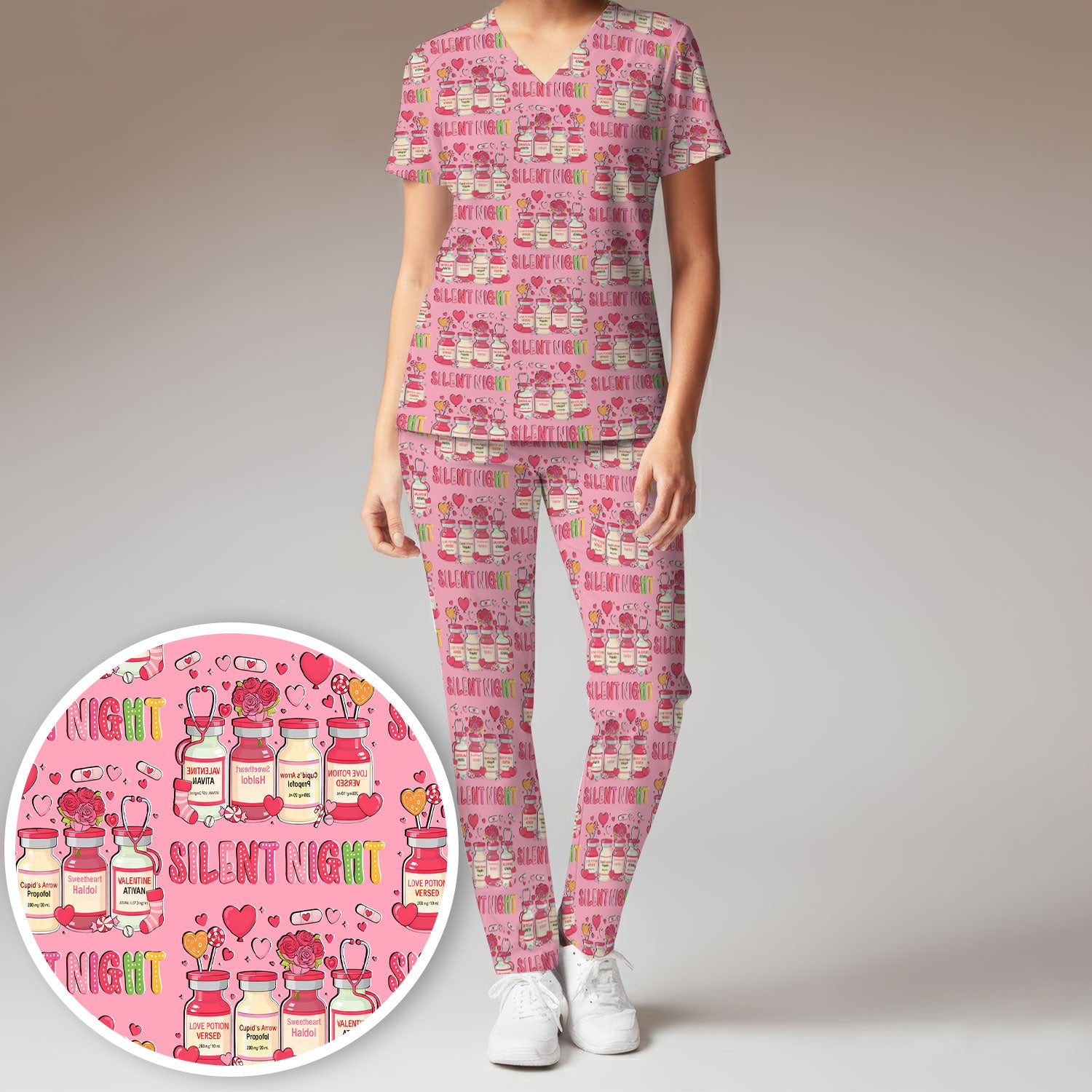 Valentine Silent Night Love Design Scrubs Set, Breathable Med Uniform
