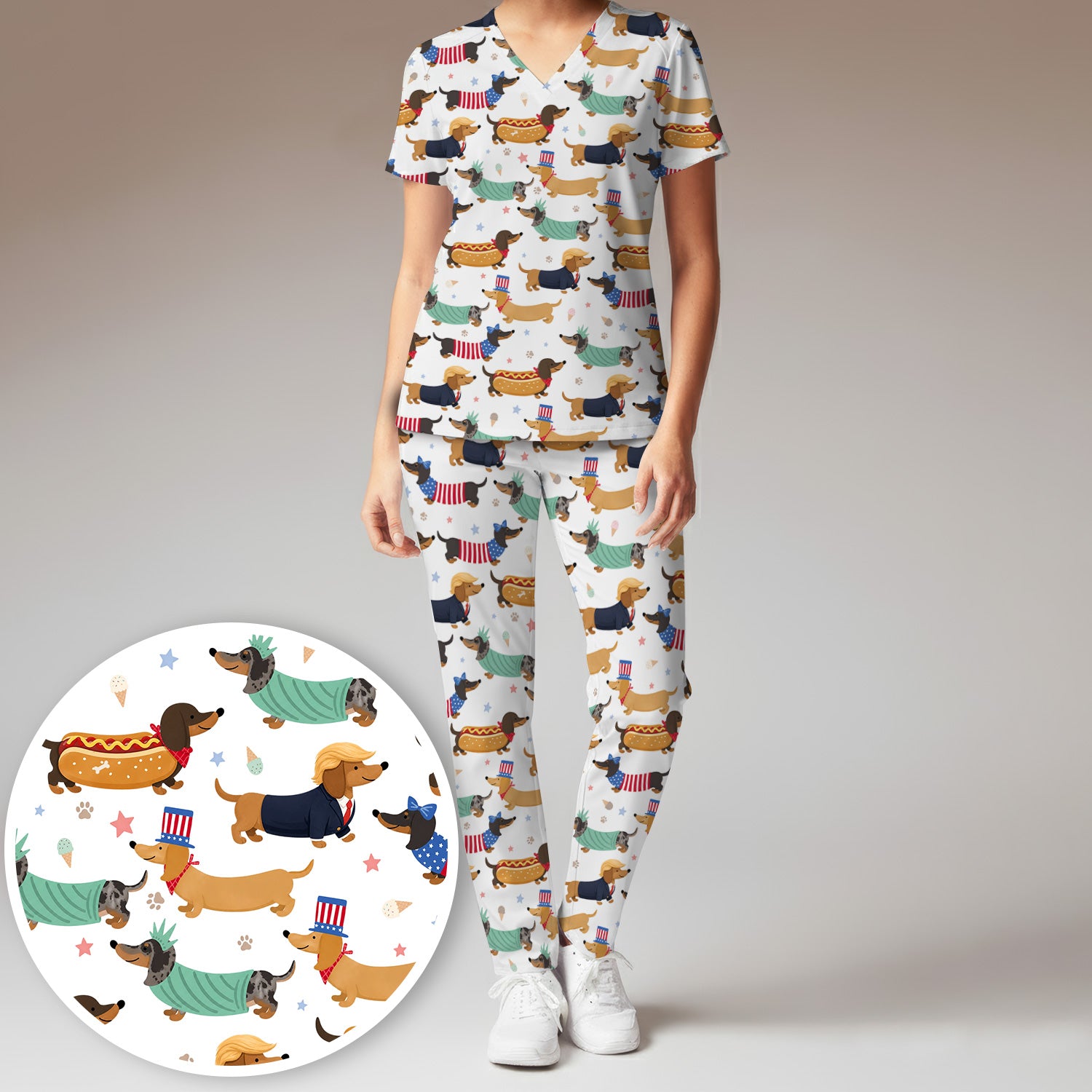 Funny Patriotic Dachshund Costume Dogs Scrub Set, Women's Scrub Sets