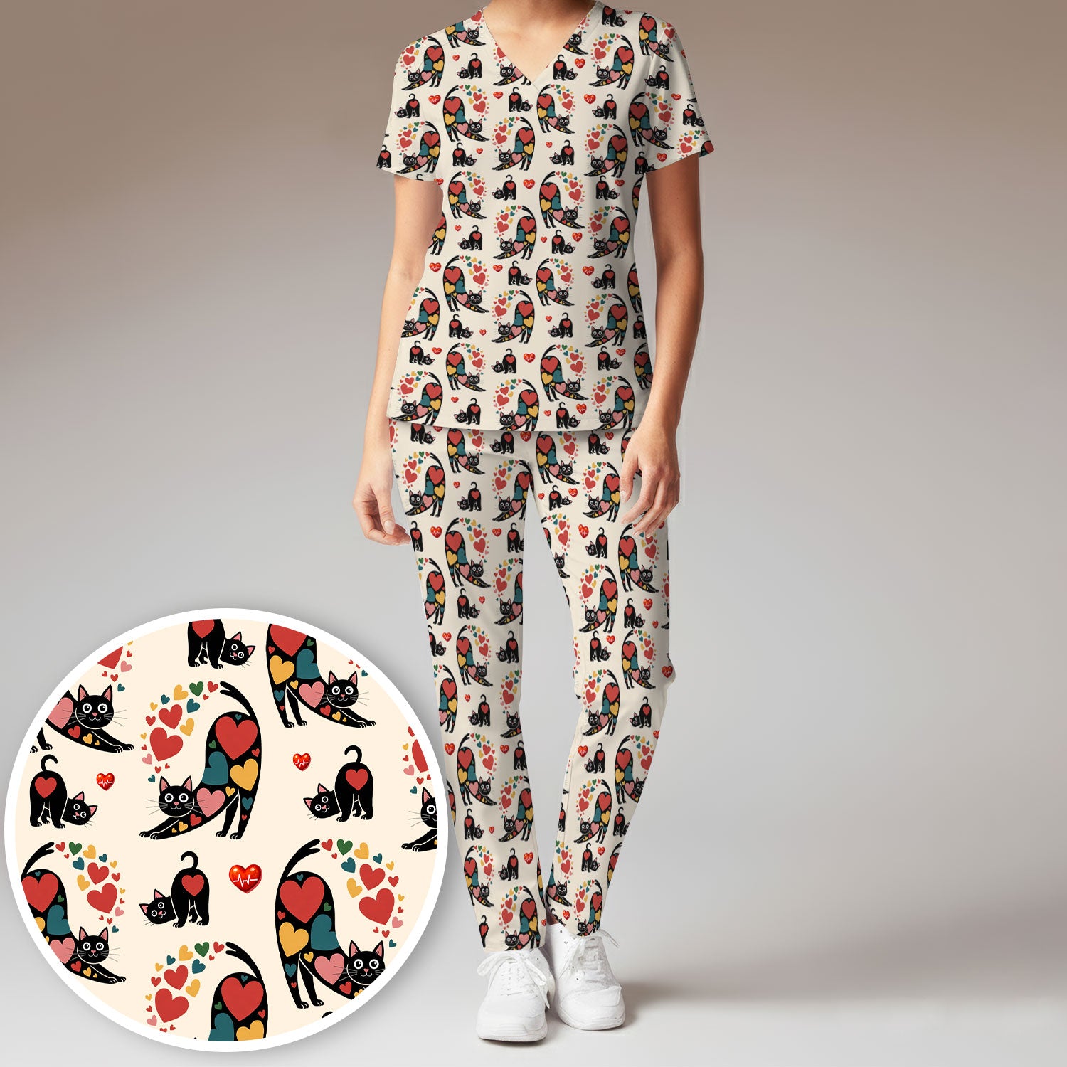 Playful Cat Valentine Heart Print Medical Scrub Set, Breathable Med Uniform