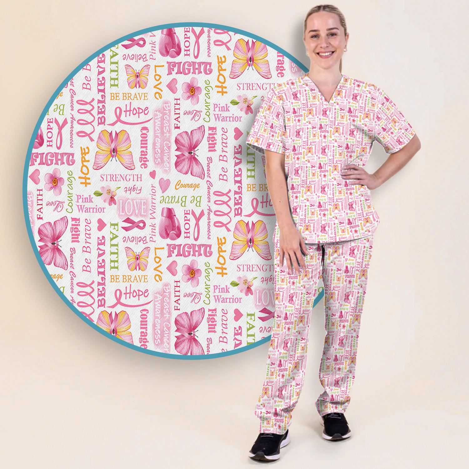 Pink Ribbon Butterfly Print Scrub Set, Scrub Pants and V Neck Top