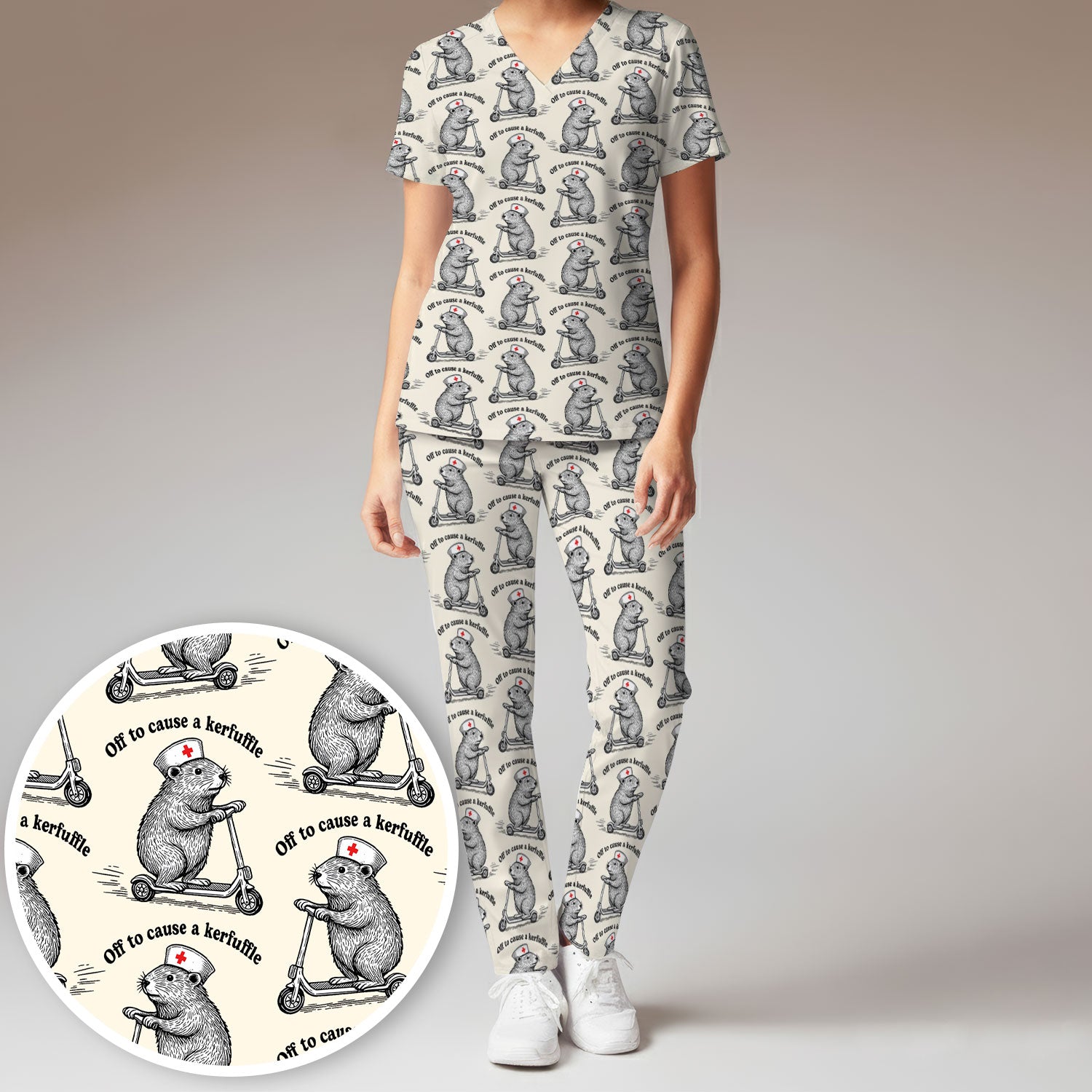 Funny Nurse Mouse Scooter Print Women's Scrub Set, Scrub Pants and V Neck Top