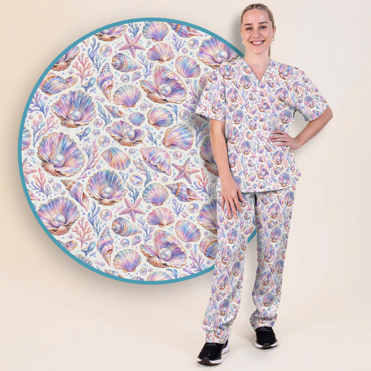 Pastel Seashell And Pearl Pattern Scrub Set, Scrub Pants and V Neck Top