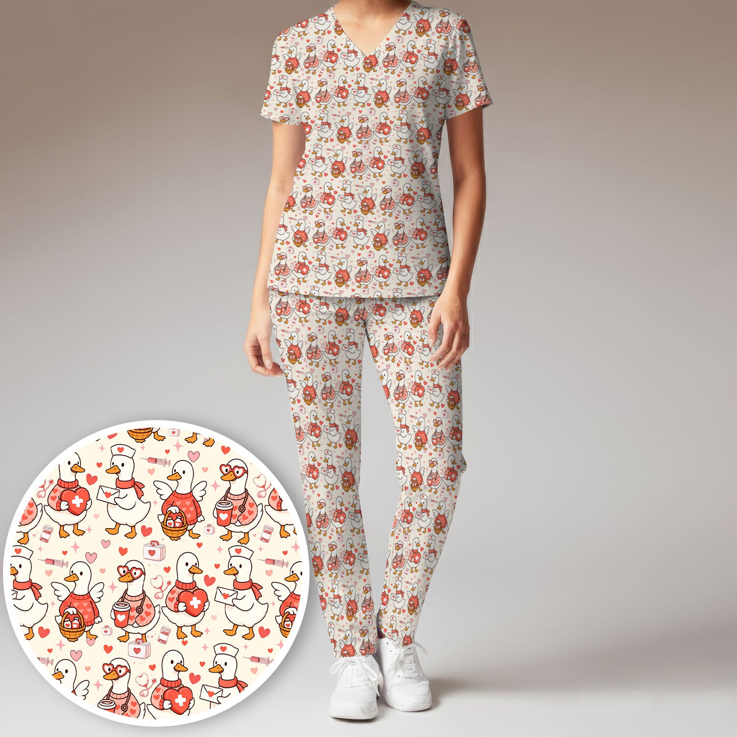 Valentine Goose Nurse Scrub Set, Heart Medical Pattern Nurse Shirt, Breathable Fabrics Nursing Uniform