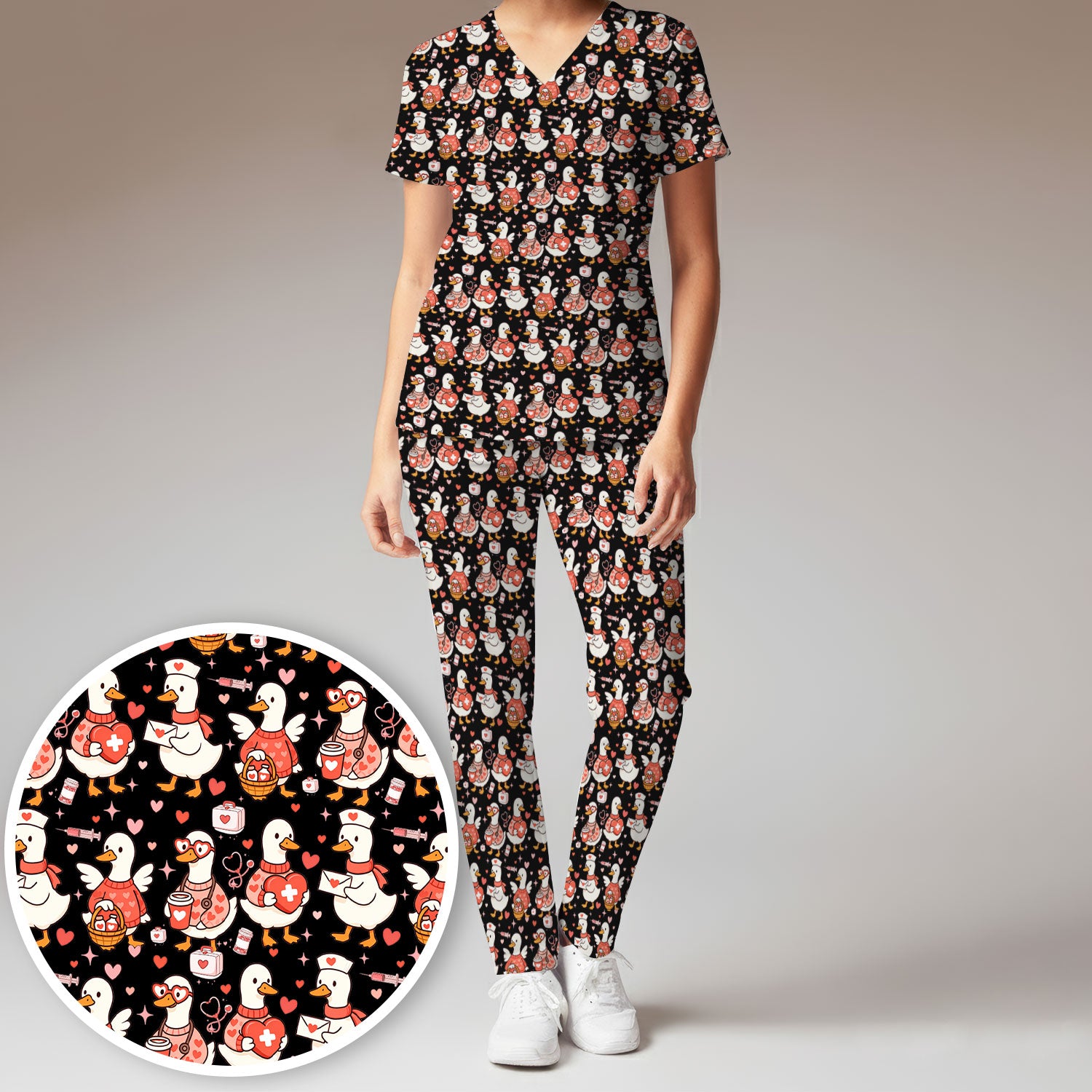 Valentine Goose Nurse Scrub Set, Heart Medical Pattern Nurse Shirt, Breathable Fabrics Nursing Uniform