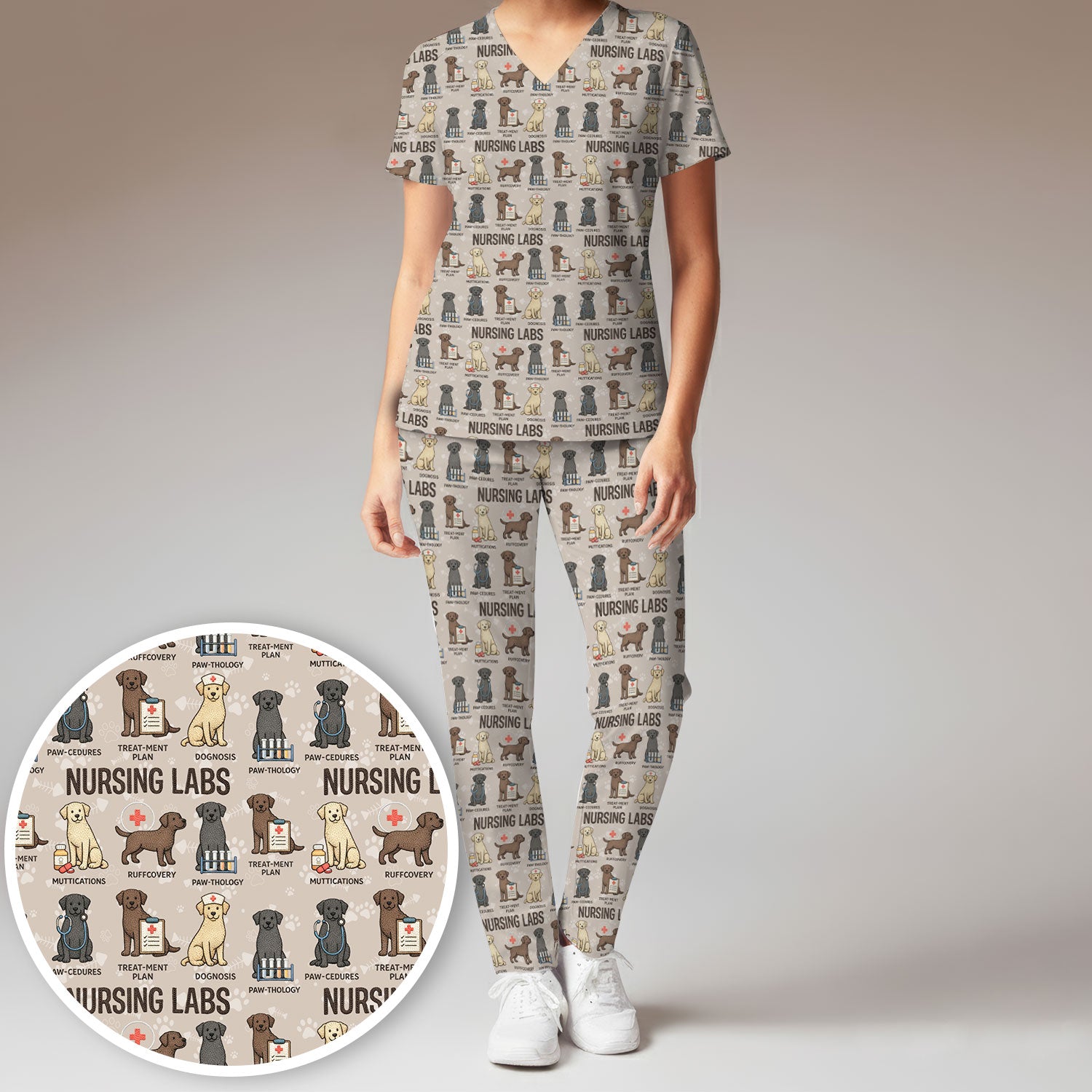 Playful Nursing Labs Dog Pattern Scrub Set, Nurse Uniform Scrubs Set
