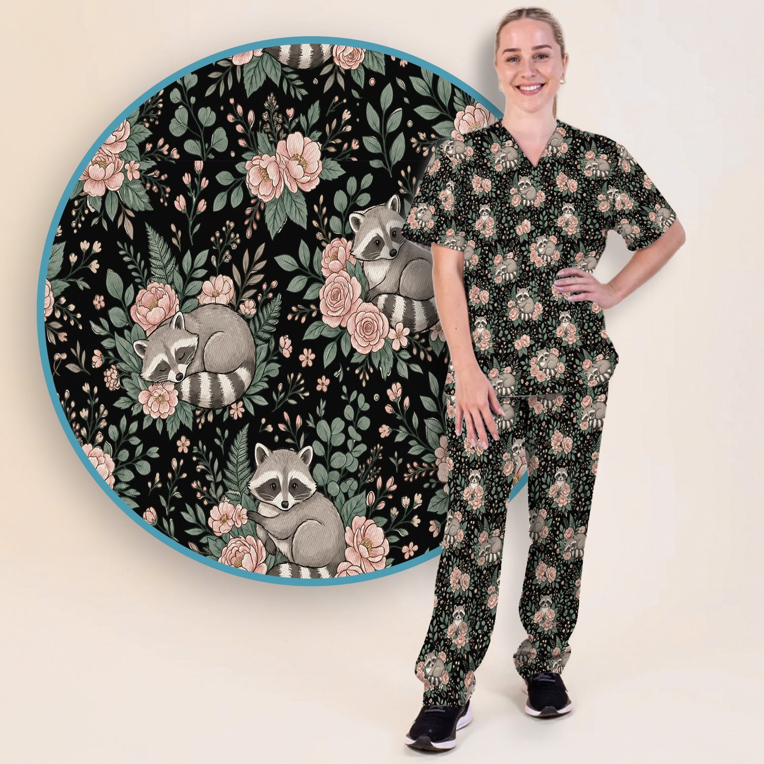 Sleeping Raccoon Rose Garden Pattern Scrub Set, Scrub Pants and V Neck Top