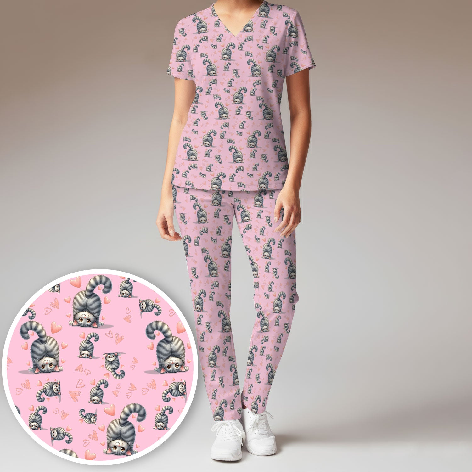 Valentine Cute Cat Scrub Set, Cat Heart Pattern Nurse Uniform, Comfortable Scrubs For Nurses