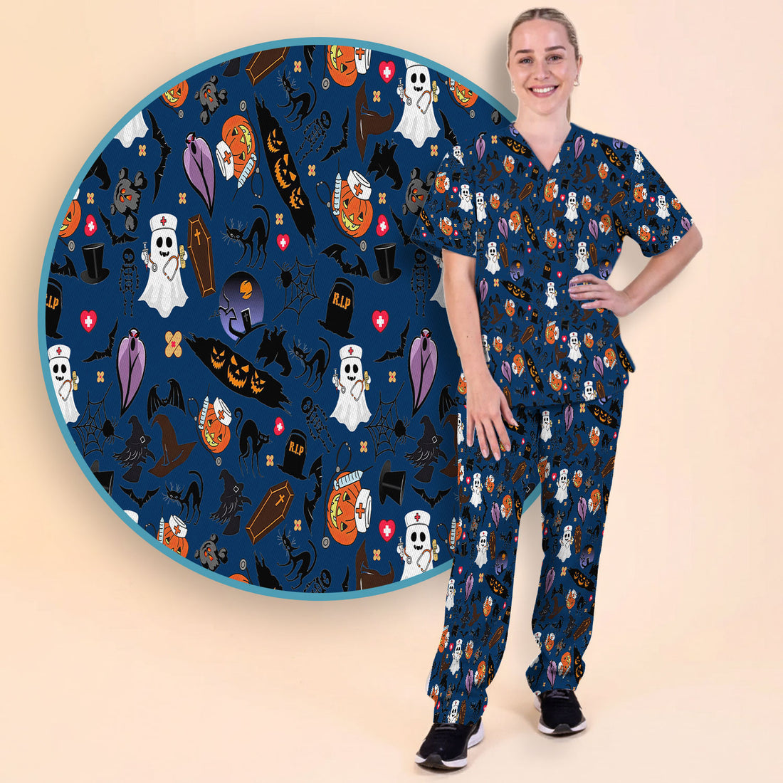 Spooky Halloween Scrub Set - Pumpkin Ghost Bat Nurse Scrubs Pants and V Neck Top - Wicked Witch Medical Uniform for RN CNA LPN