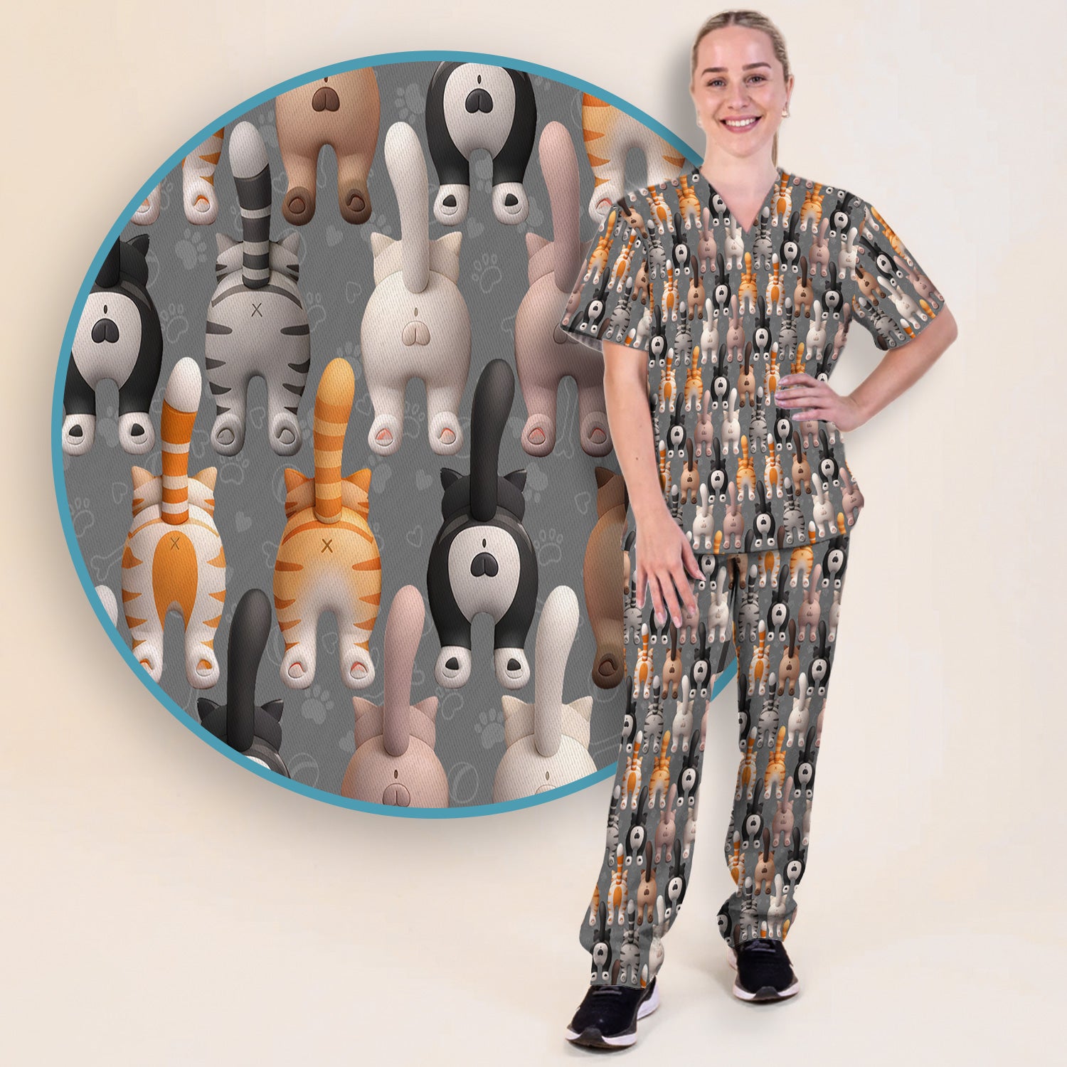 Funny Cat Butt Paw Print Pattern Scrub Set, Nurse Uniform Scrubs Set