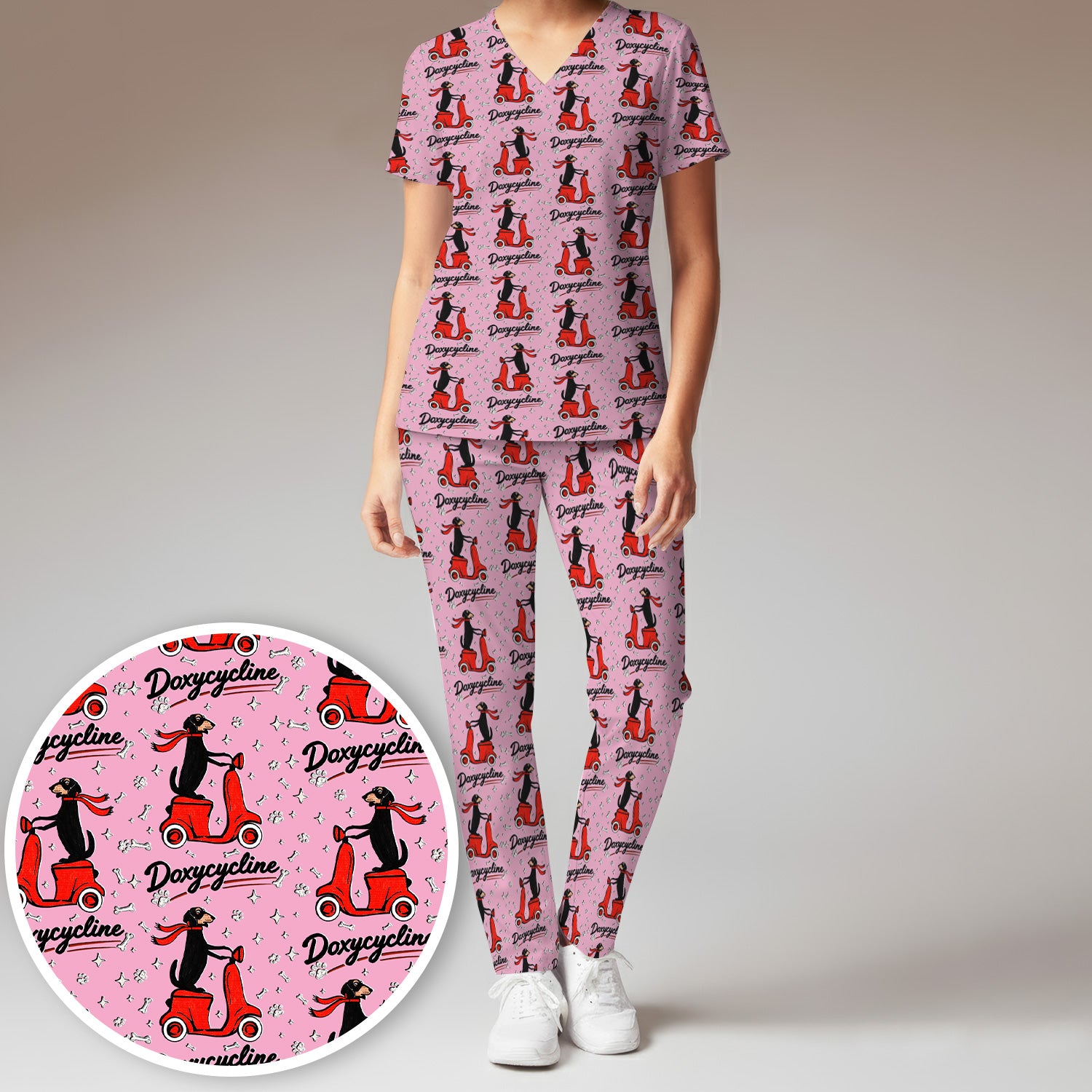 Funny Dachshund Riding Scooter Doxycycline Print Scrub Set, Breathable Med Uniform